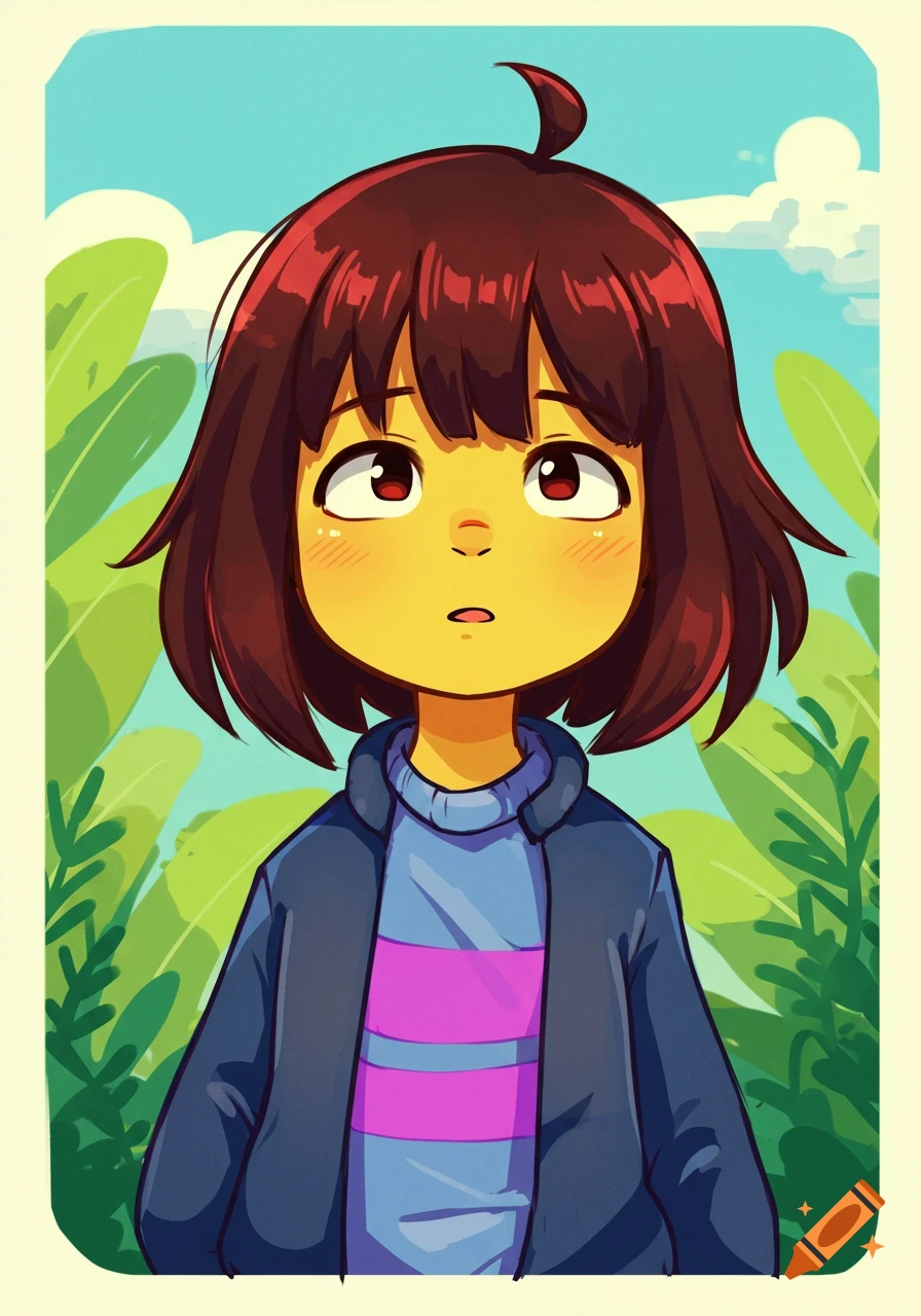 Cartoon portrait of Frisk from Undertale in a blue jacket and striped shirt, with brown hair, against a green and blue background.