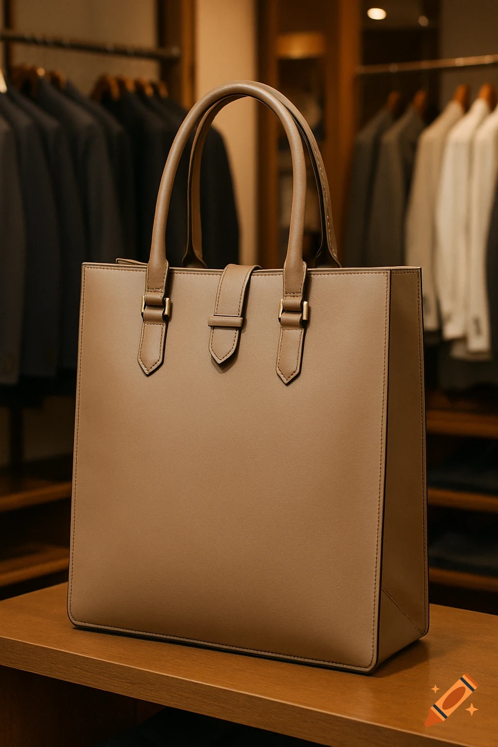 A brown leather tote bag sits on a wooden surface in a clothing store, with racks of suits visible in the blurred background.