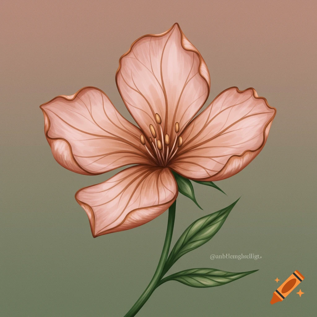 An illustration of a light pink and brown flower with green stem and leaves.