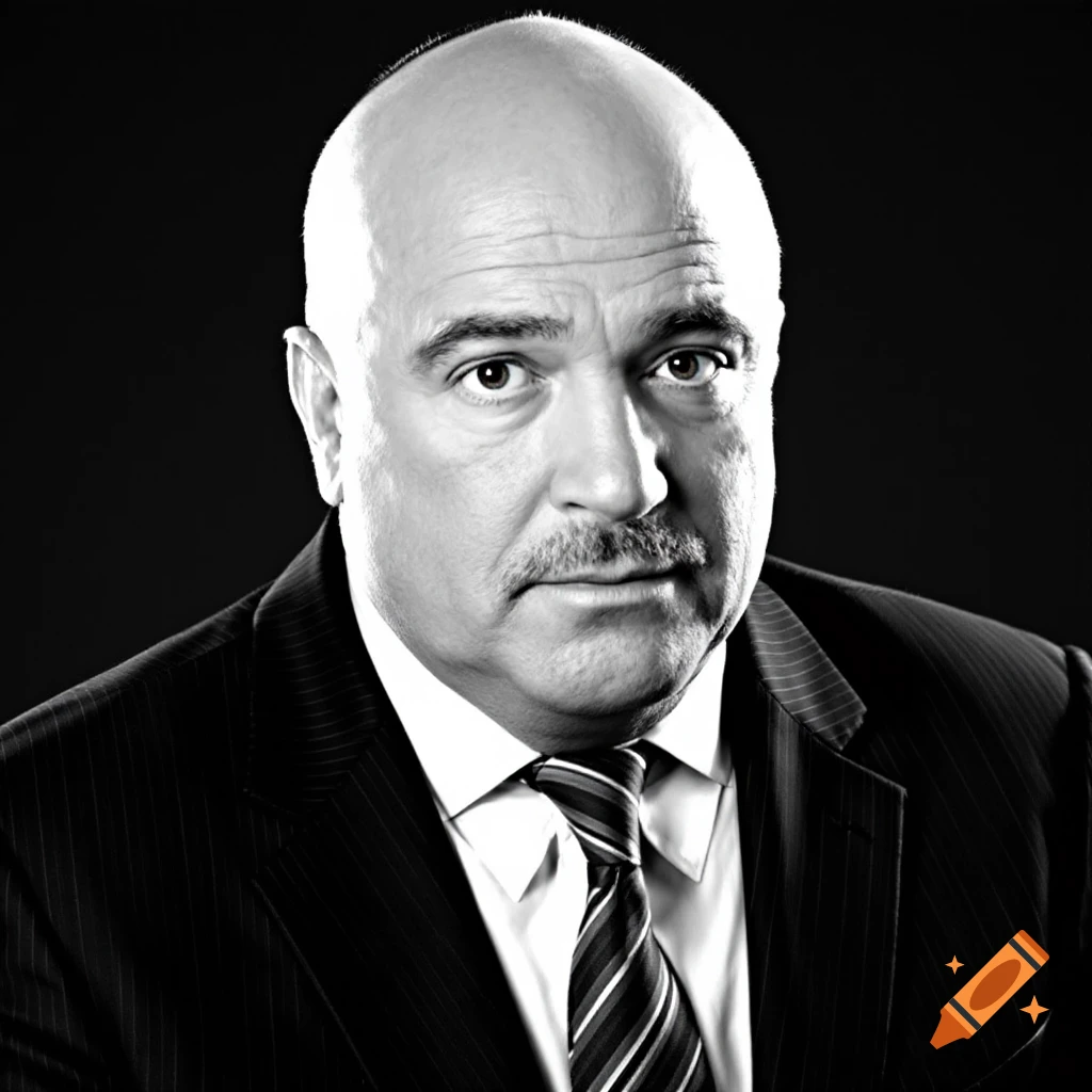 Black and white portrait of a bald man with a mustache wearing a suit and tie.