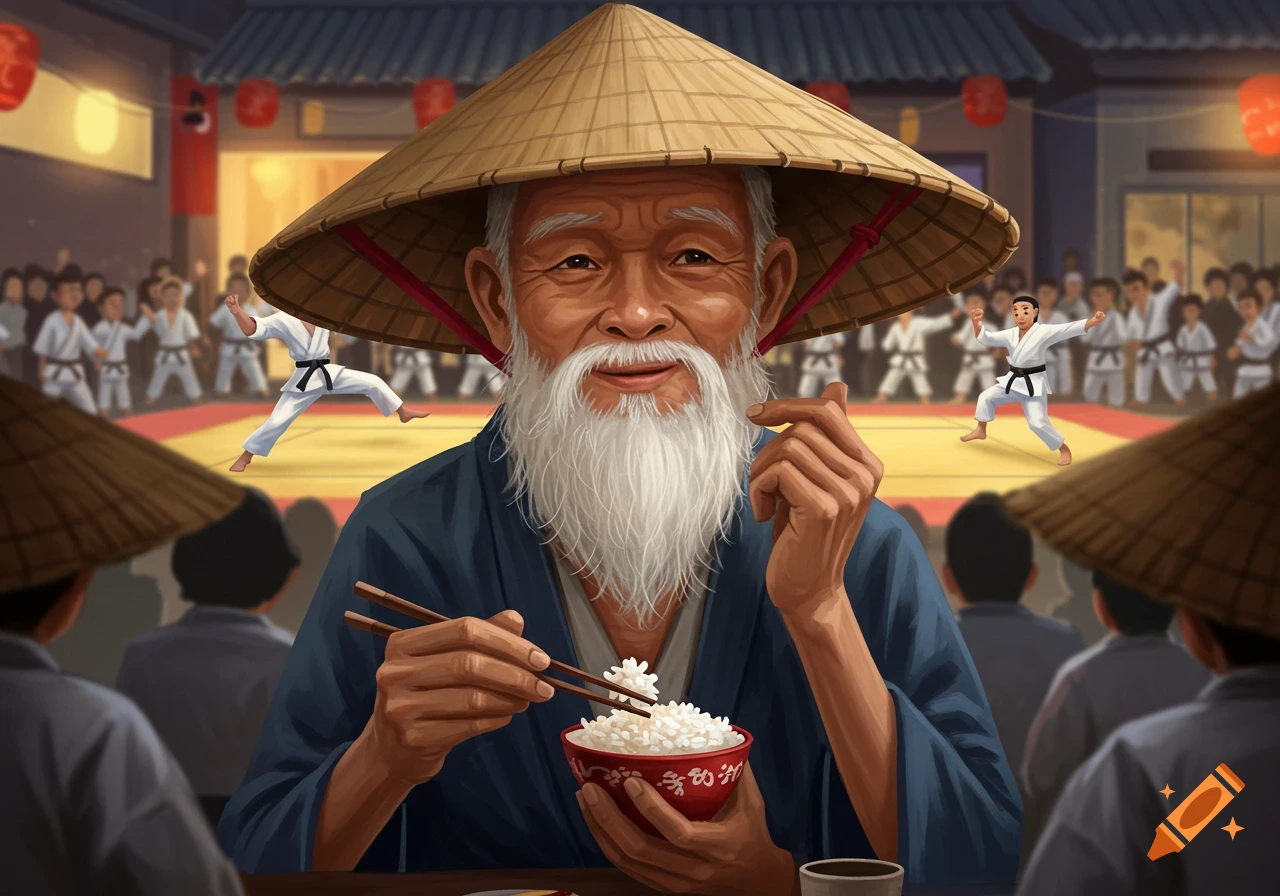 An old Asian man in a cone hat eats rice with chopsticks while watching a karate match.