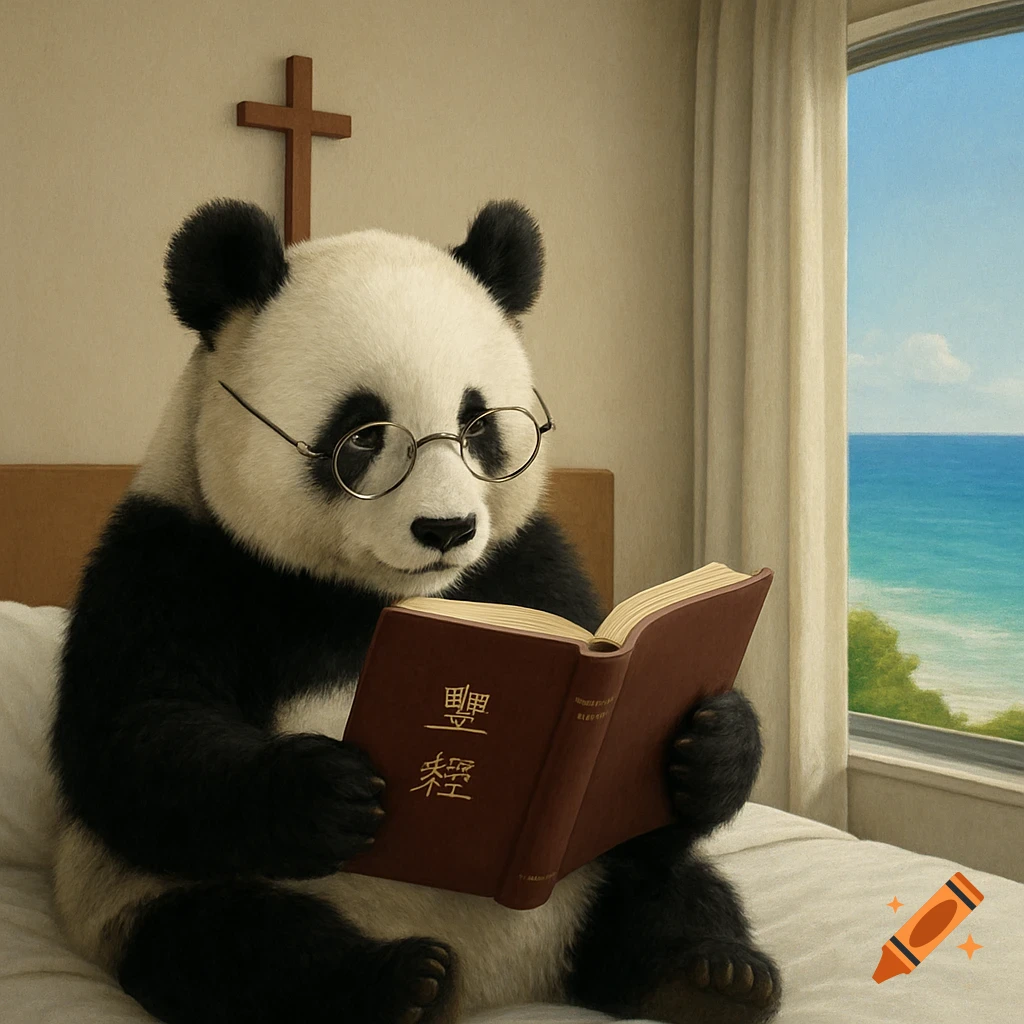 Panda wearing glasses reading a book on a bed in a room with a cross on the wall and an ocean view.