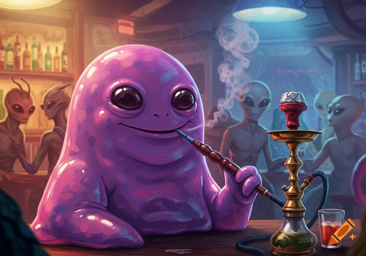 Purple blob alien smokes a hookah in a bar with other aliens