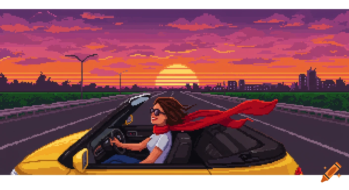 Pixel art woman driving a yellow convertible into a vibrant sunset.