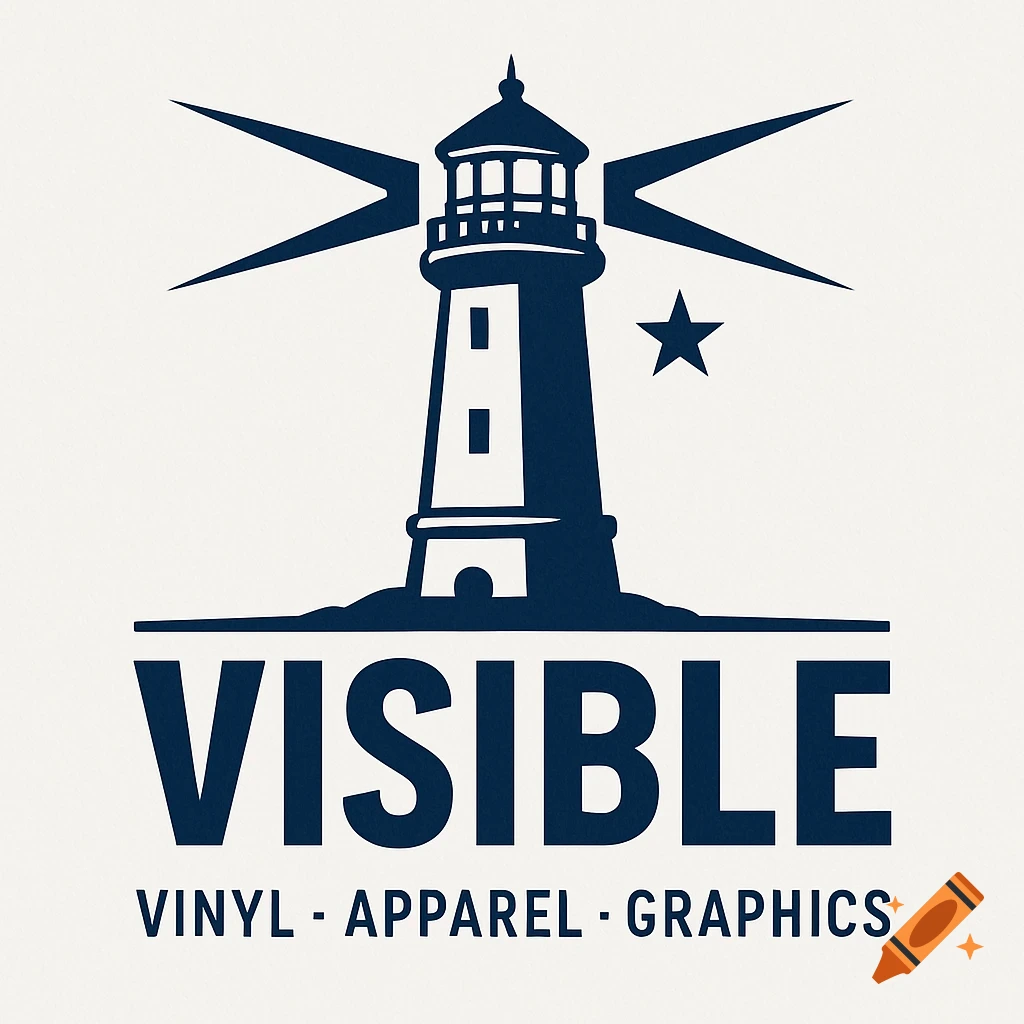 Logo design featuring a dark silhouette of a lighthouse with text "VISIBLE" and "VINYL - APPAREL - GRAPHICS" below.