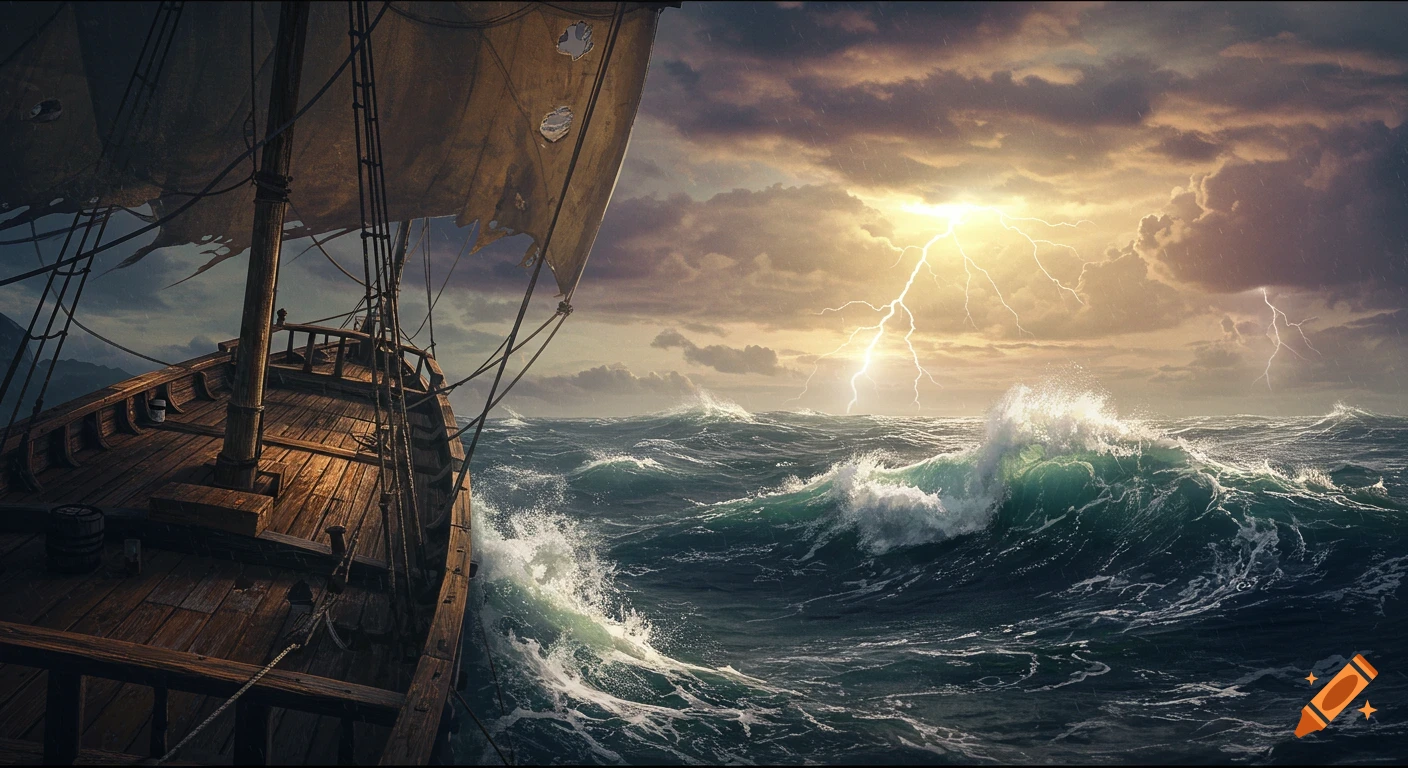 Wooden sailing ship battling a storm at sea with lightning.