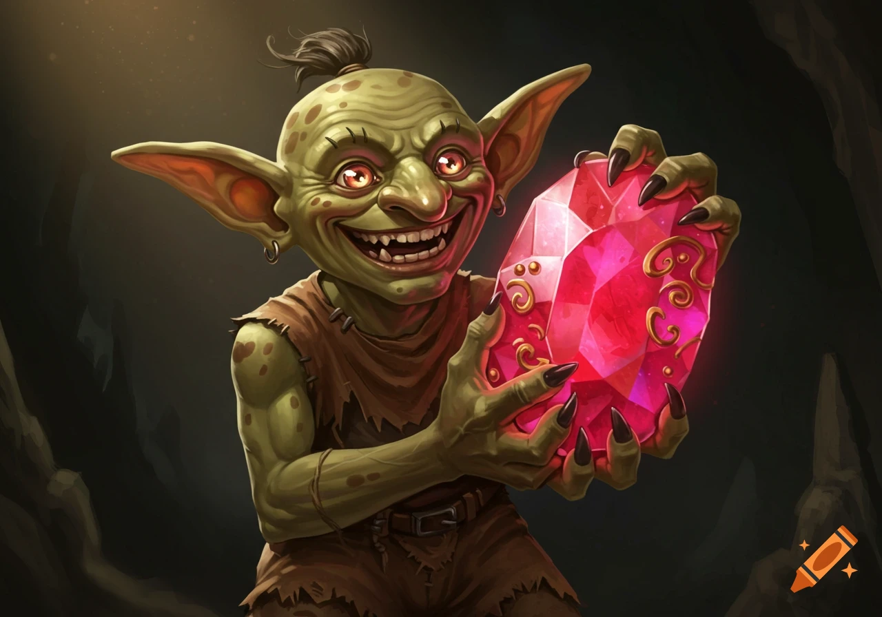 A green-skinned goblin with sharp teeth holds a large, multifaceted red ruby medallion.