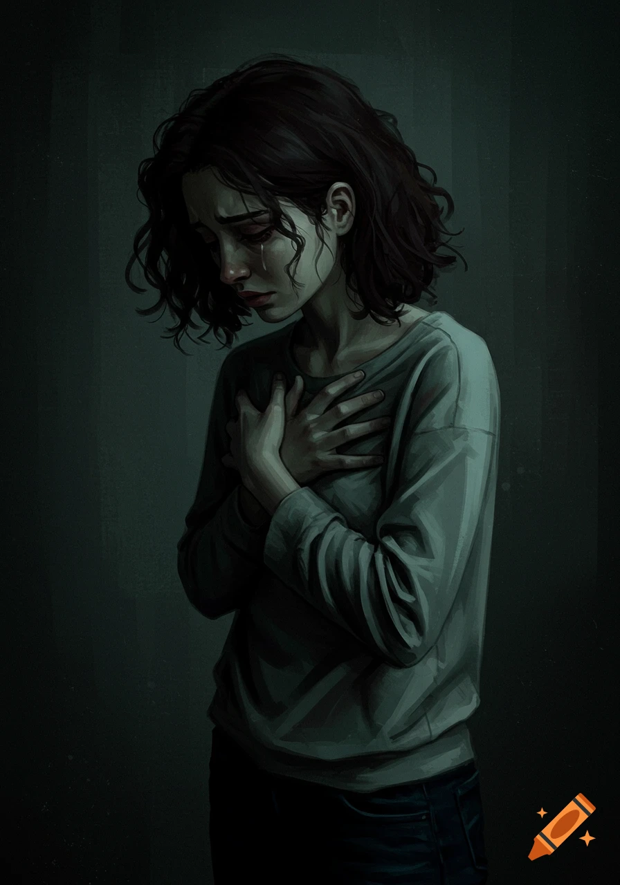 An illustration of a woman crying with her hands on her chest in a dark, moody style.