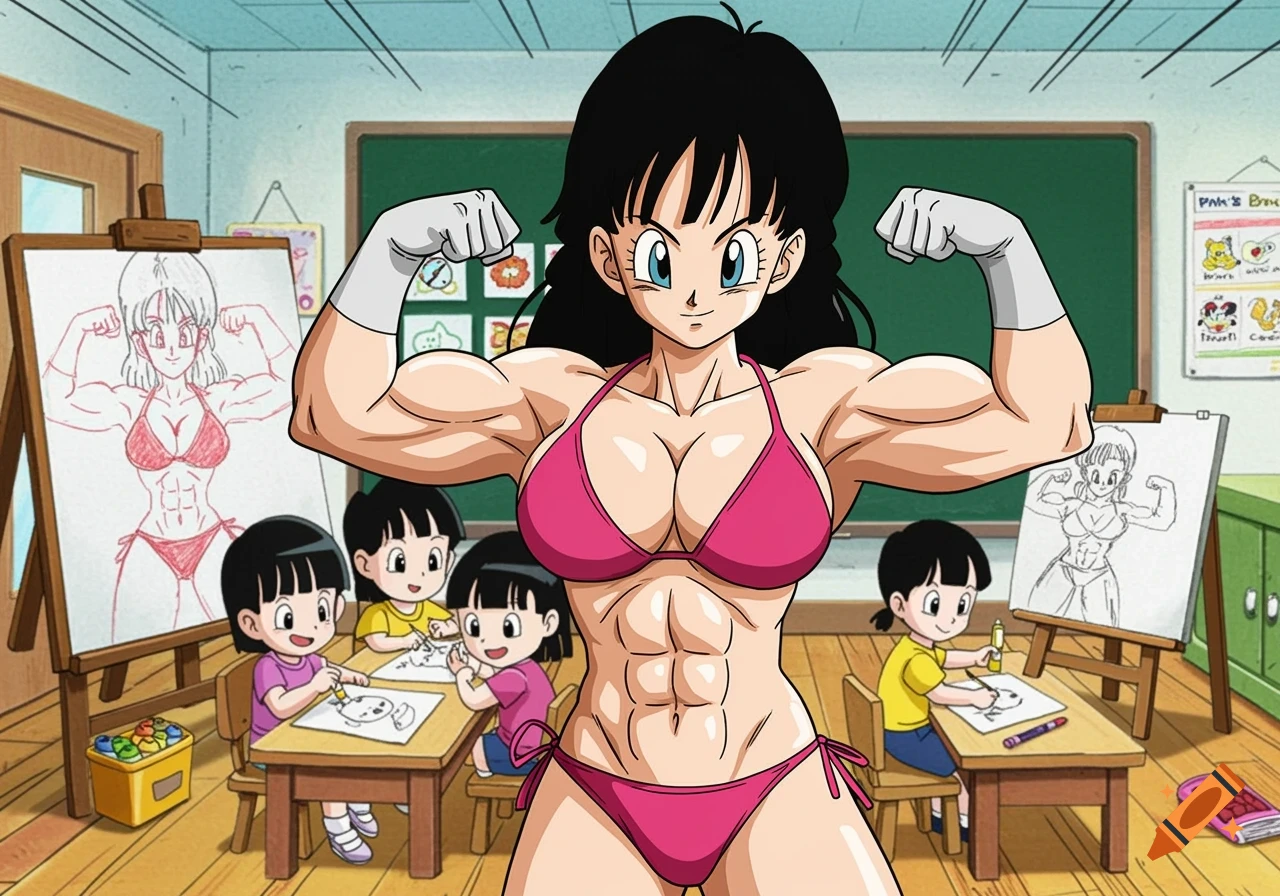 Anime character Videl flexing in a bikini while children draw her in a classroom.