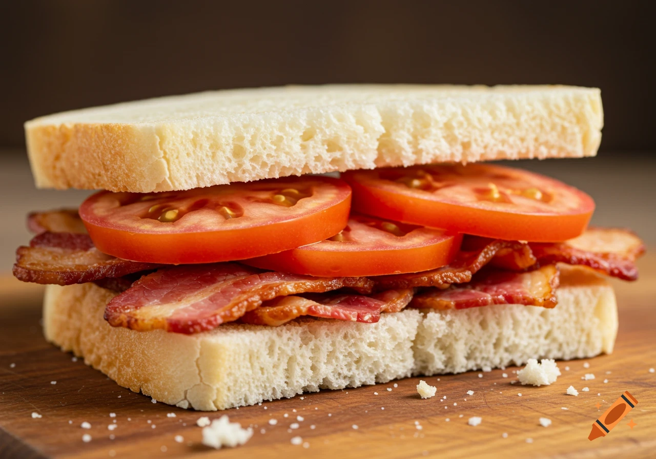 Close-up of a bacon and tomato sandwich on white bread.