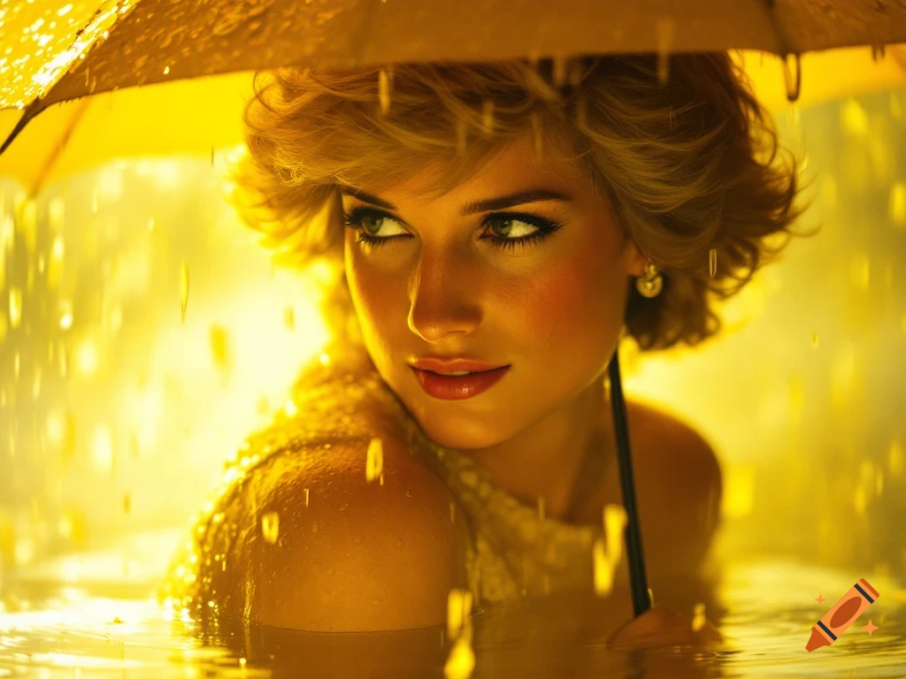 Woman under a yellow umbrella in the rain