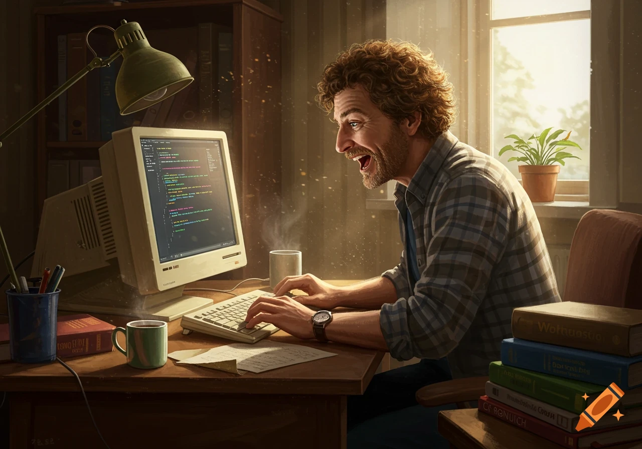 Man excitedly coding on a vintage computer with books and coffee nearby.