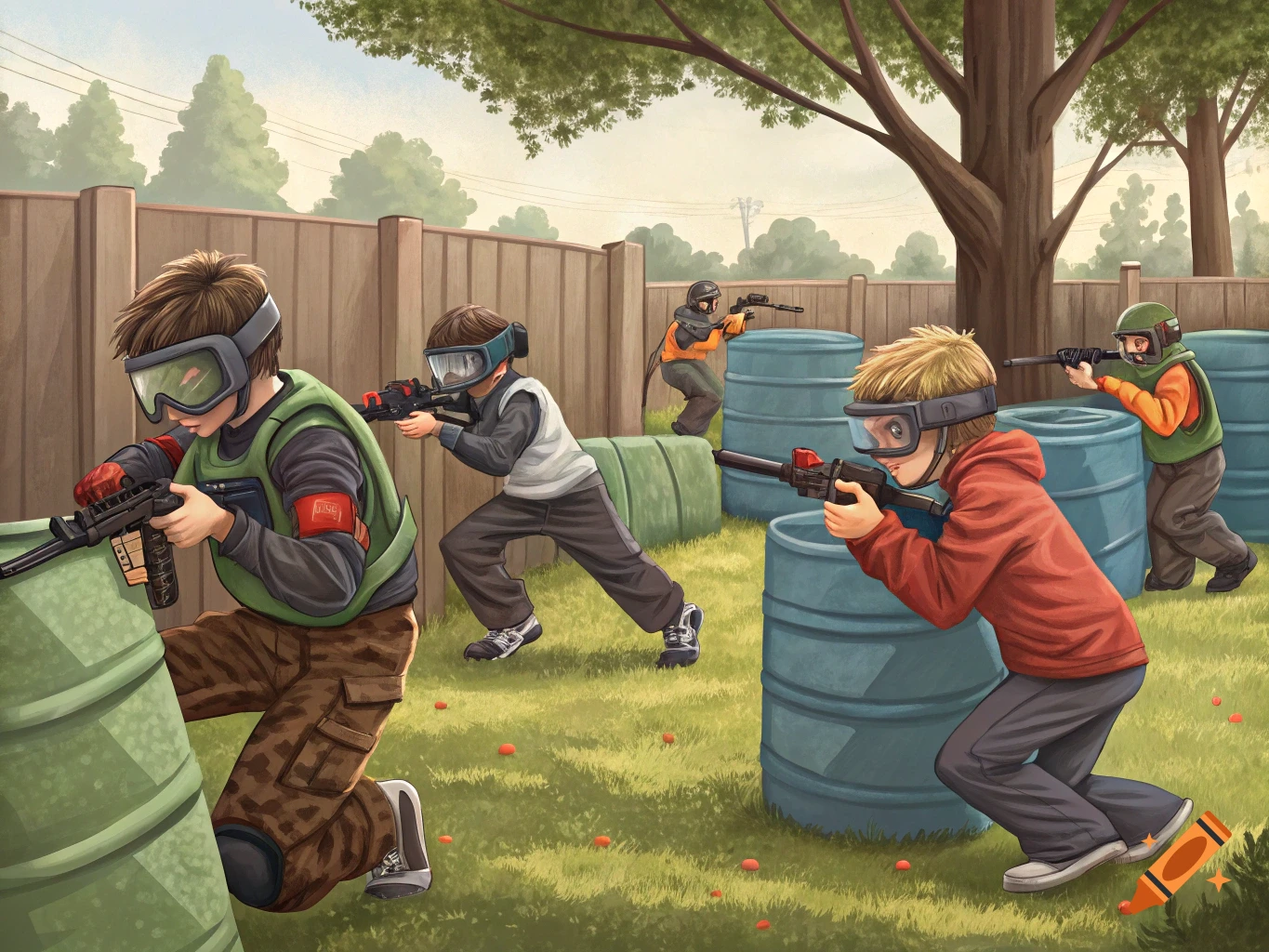 A group of boys play airsoft behind barrels in an outdoor field.