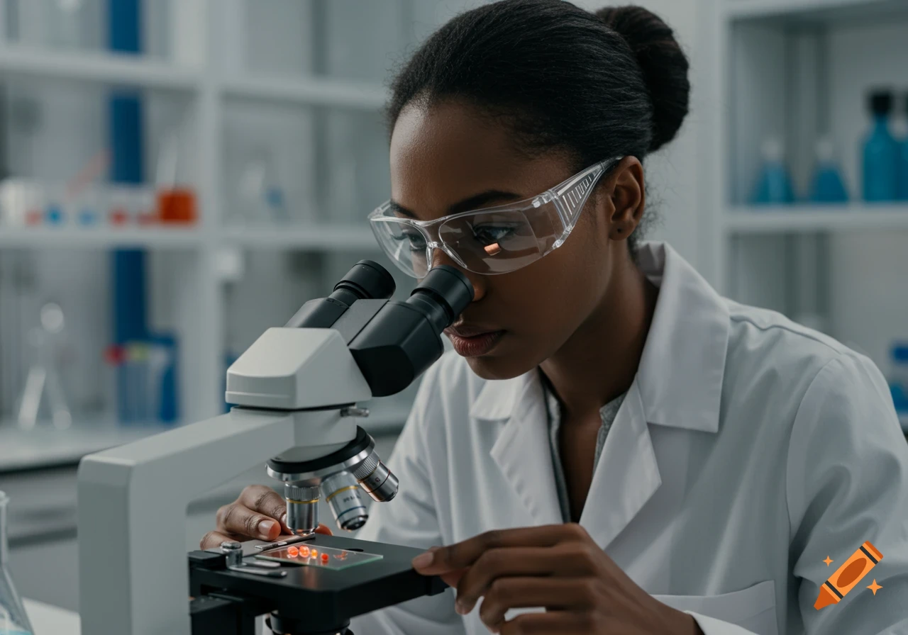 A Black woman scientist looks through a microscope in a laboratory.