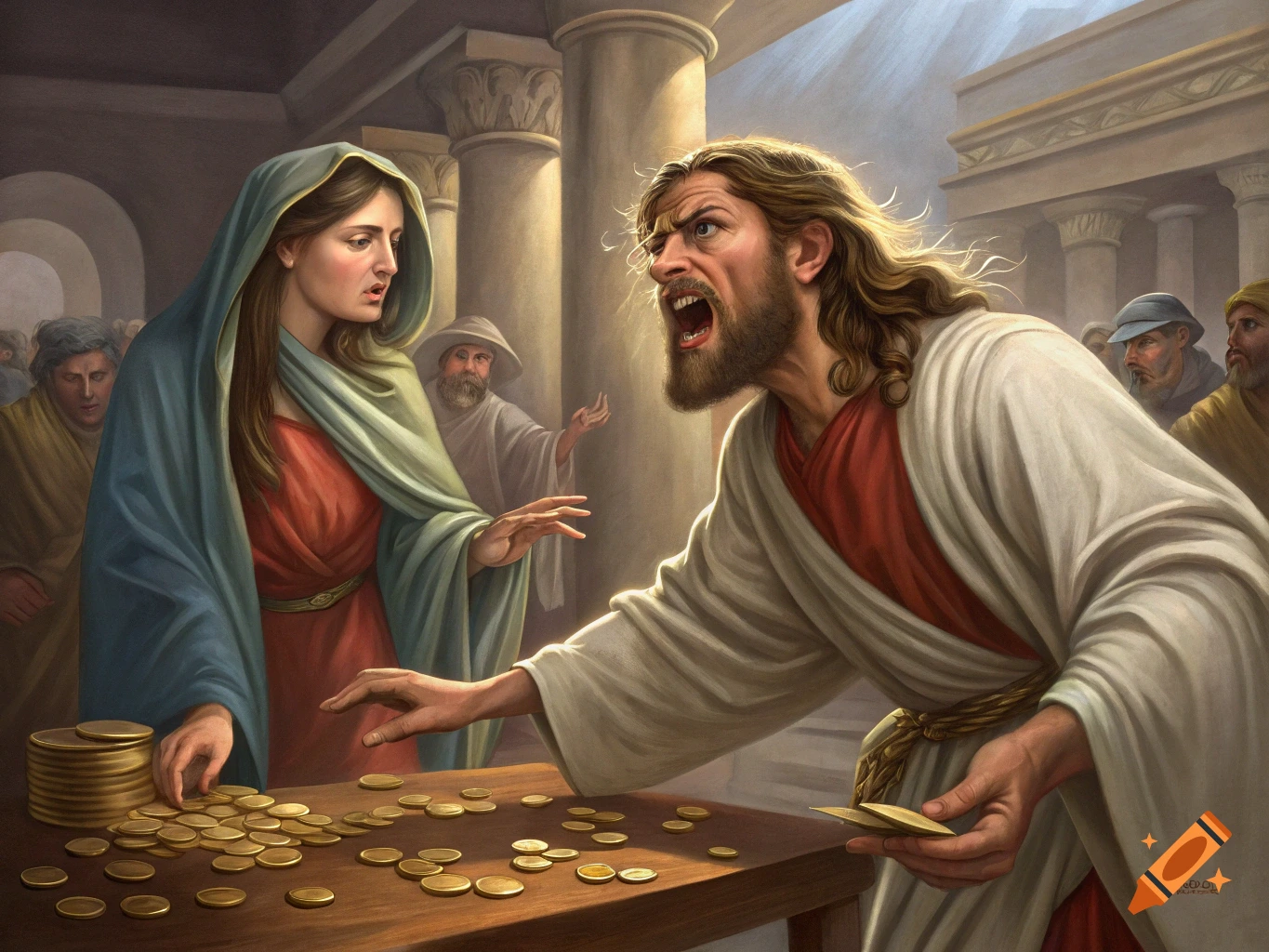 Painting of Jesus overturning tables of coins in a temple, while a woman looks on.