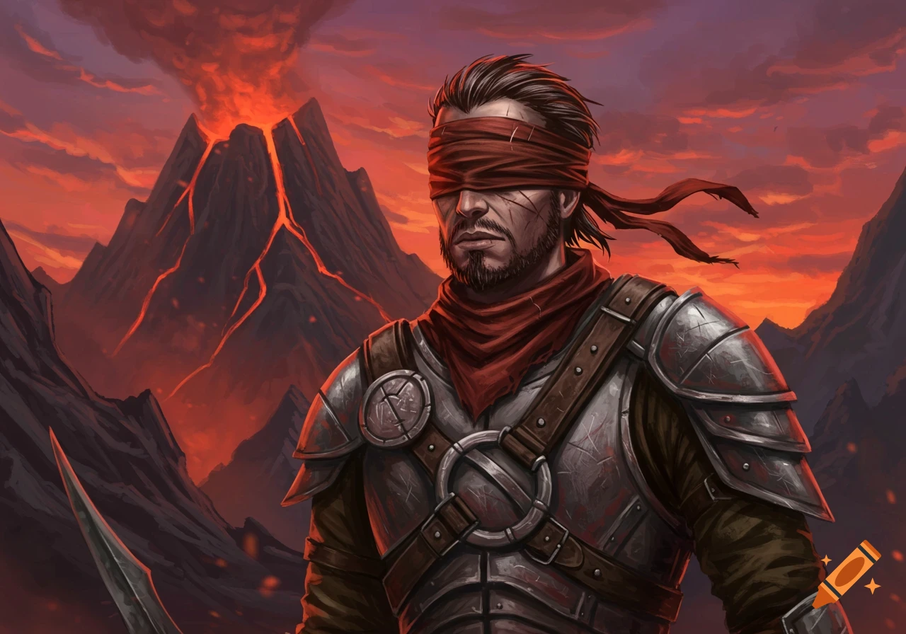 A blindfolded warrior in metal armor stands in front of an erupting volcano.