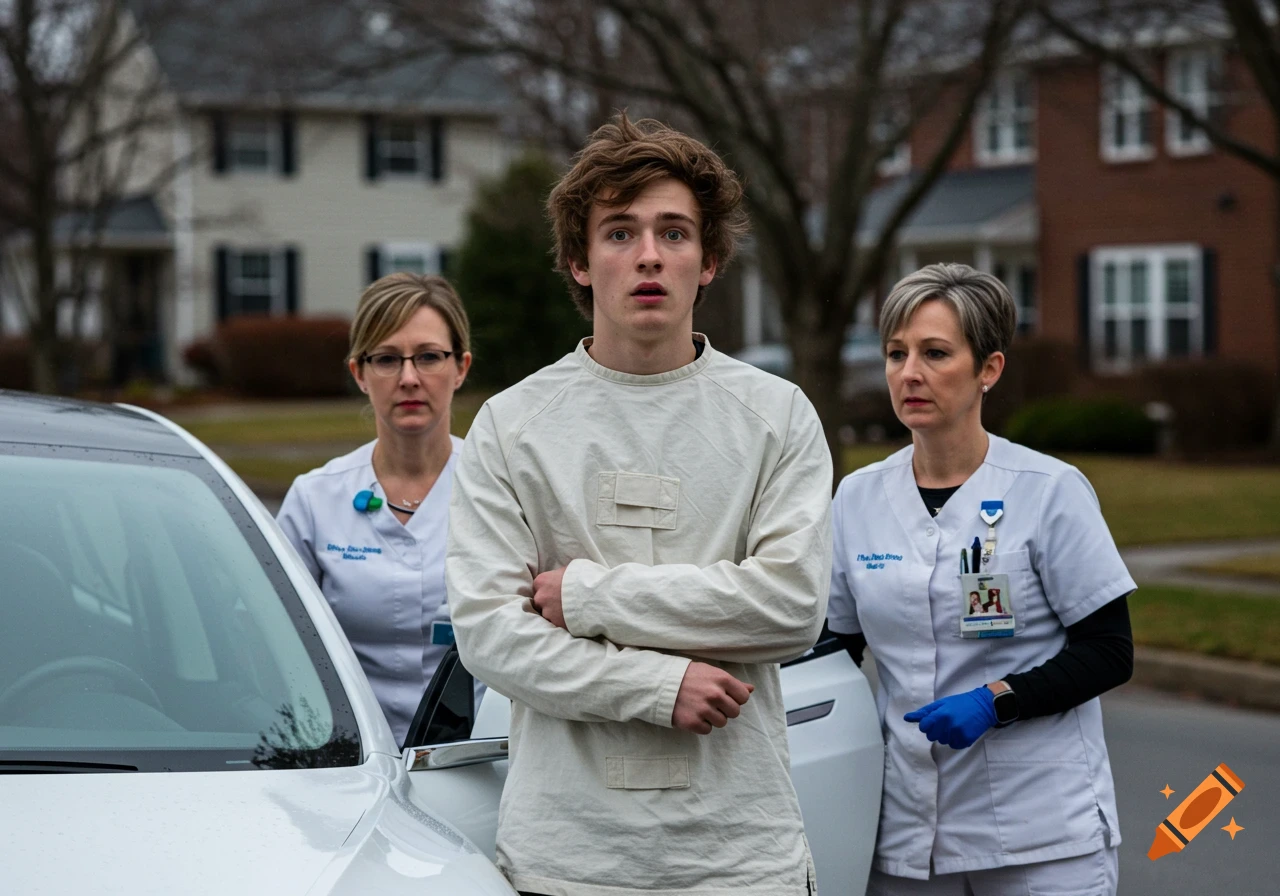 Photorealistic image of a young man in a straight jacket standing with two nurses next to a white car in a suburban neighborhood.