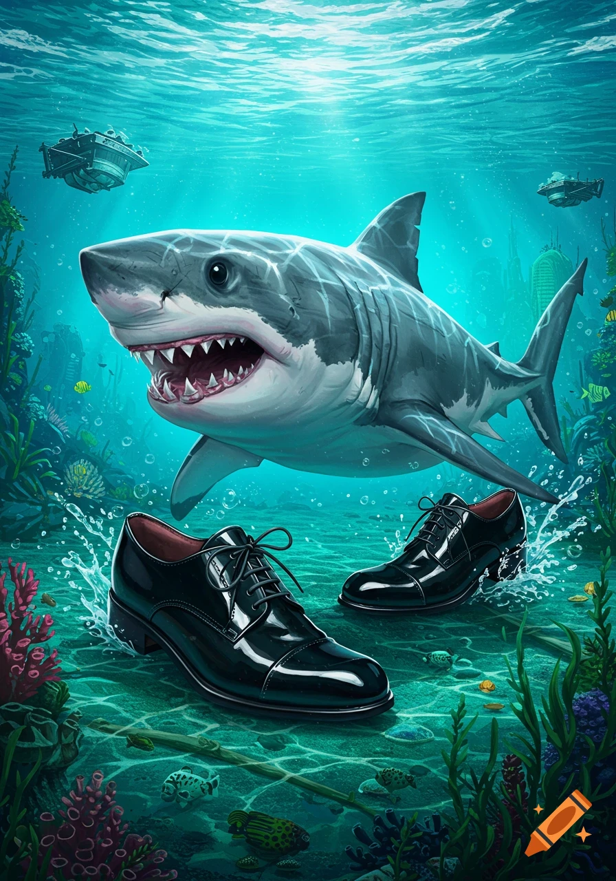 An illustration of a shark swimming near two black dress shoes on the ocean floor.
