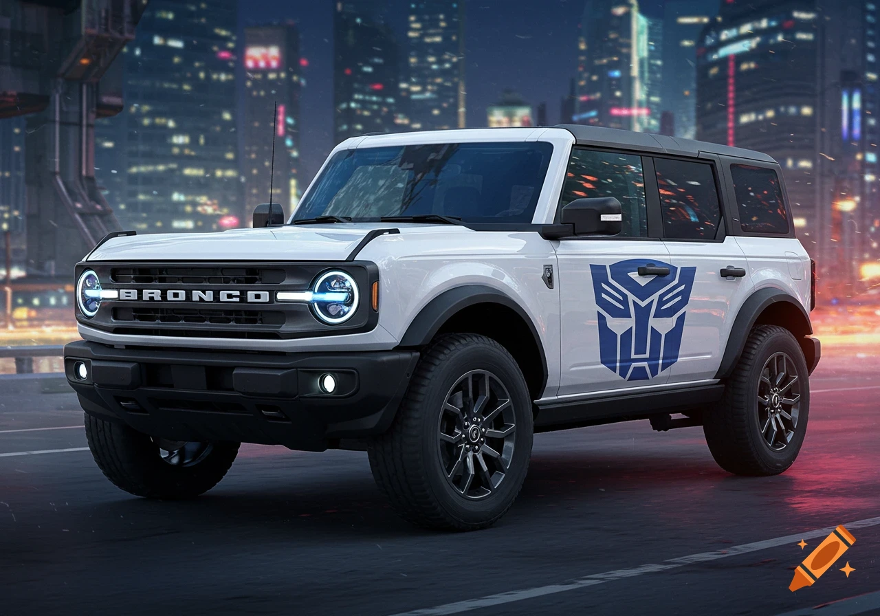 A white Ford Bronco SUV with a large blue Transformers Autobot logo on the side door, parked in a futuristic city street at night.