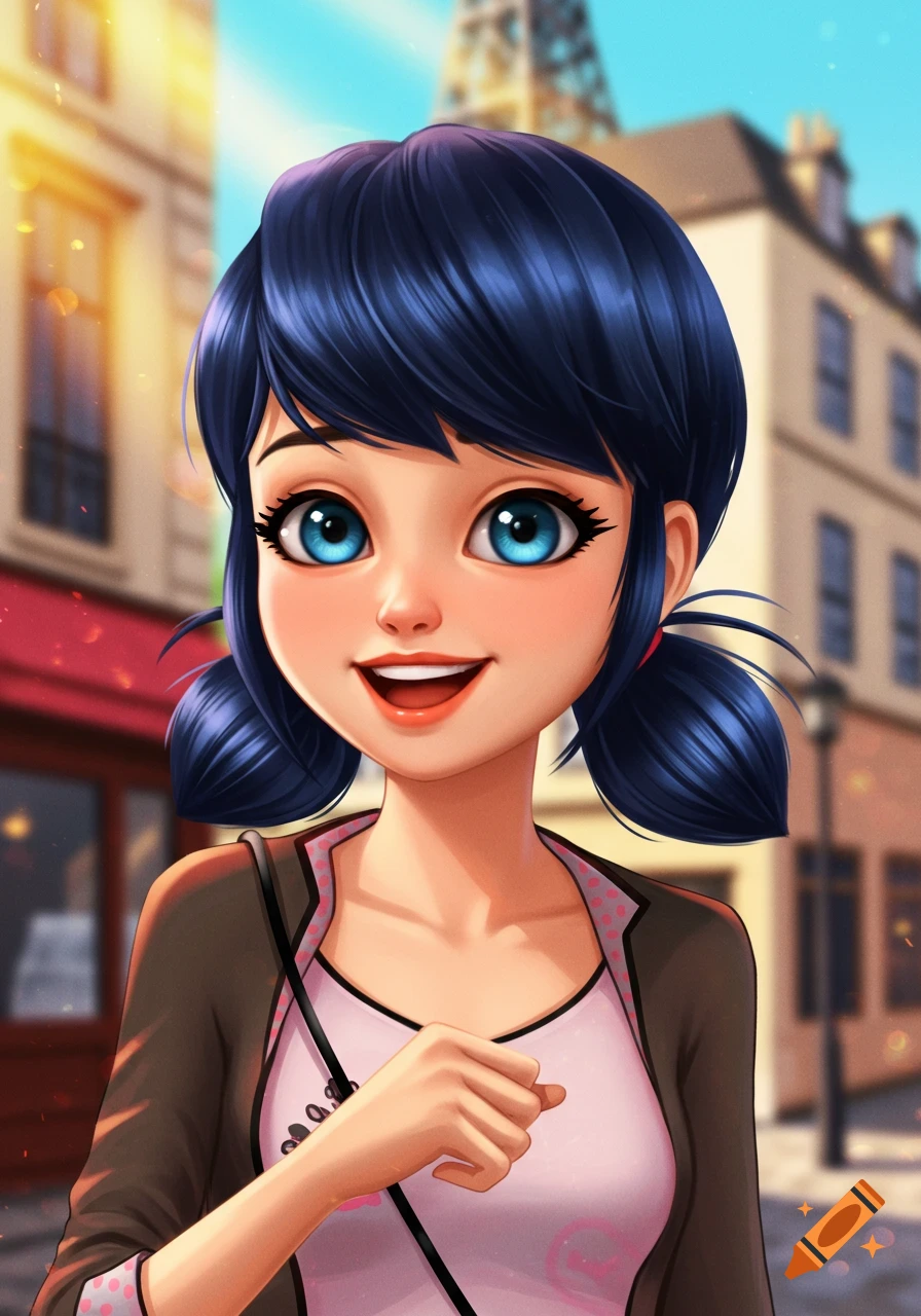 Cartoon illustration of Marinette from Miraculous Ladybug smiling in Paris with the Eiffel Tower behind her.