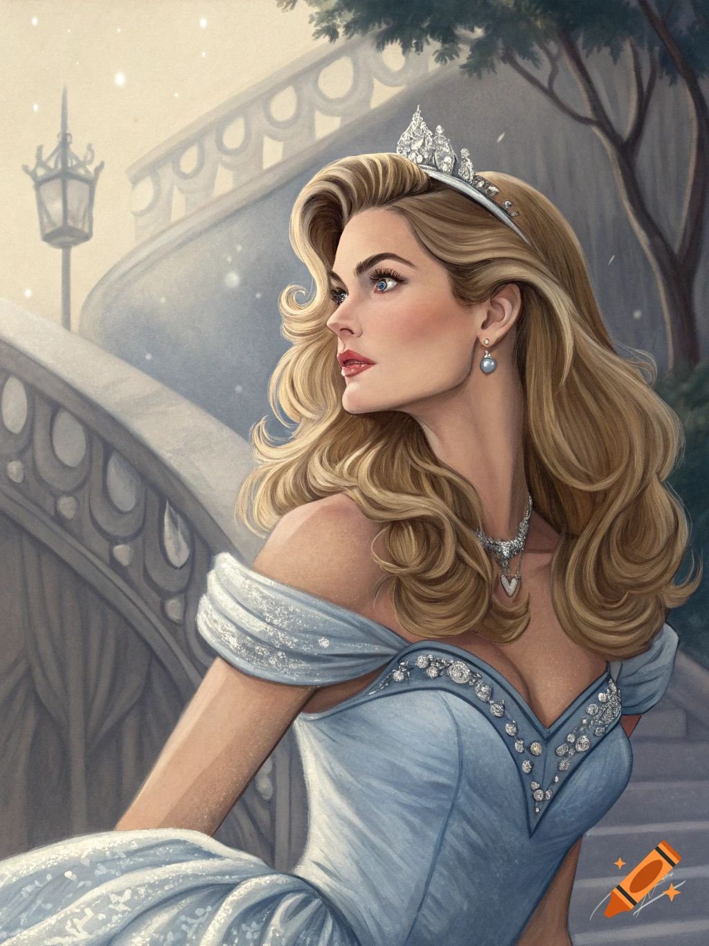 Illustrative portrait of a woman in a blue ballgown and tiara on a staircase