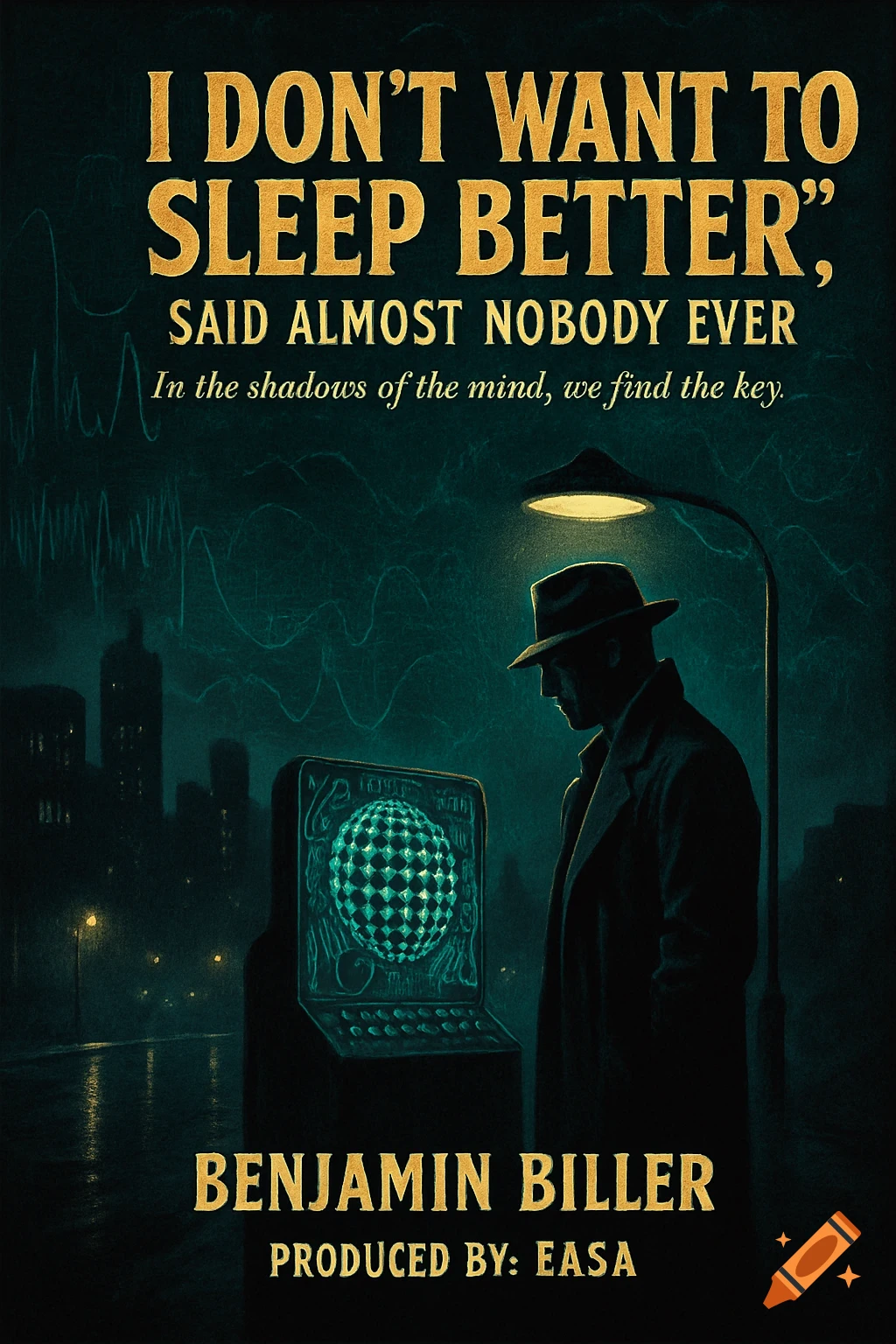 A noir-style movie poster featuring a man in a fedora looking at a glowing machine in a city at night.