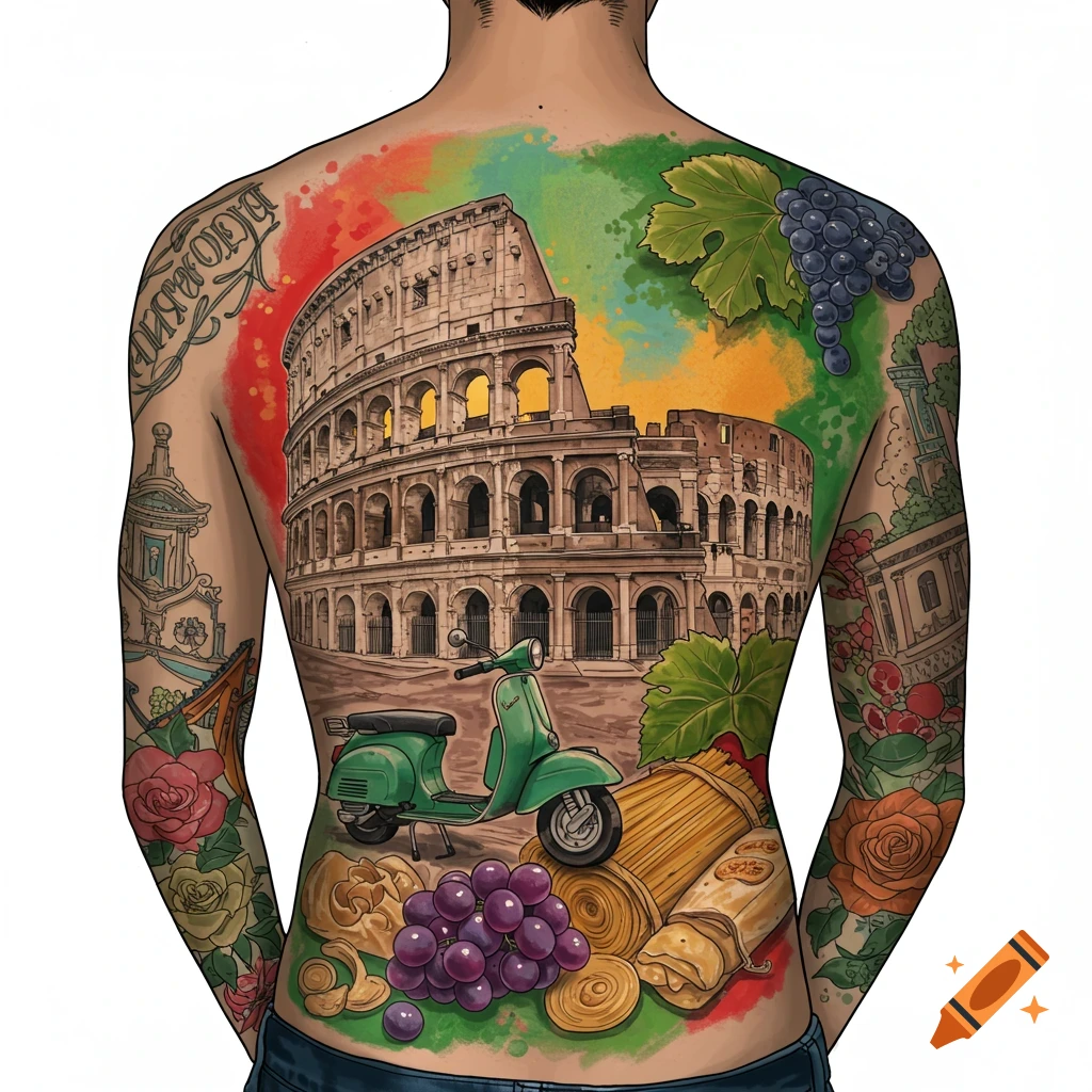 Detailed tattoo design covering a back, featuring the Colosseum, a Vespa, pasta, and grapes with Italian colors.