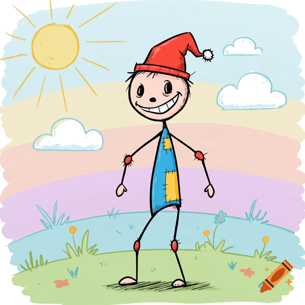 A cartoon stick figure character wearing a red hat and patched blue tunic stands in a sunny, colorful landscape.