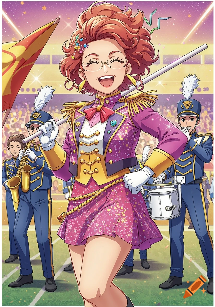 An anime-style illustration of a woman in a sparkly purple marching band uniform leading a band.
