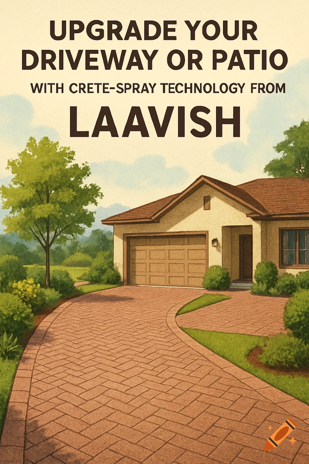 Illustration of a house with a new brick driveway and patio, advertising upgrades.