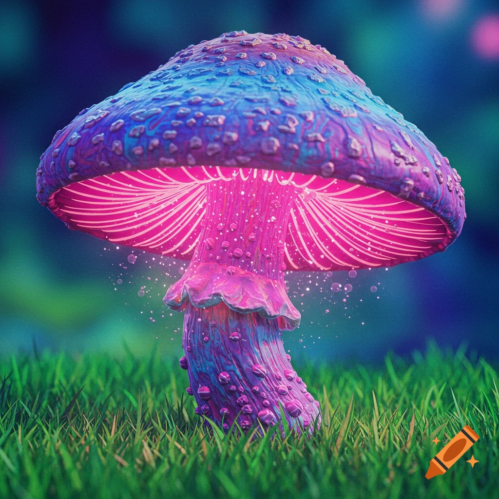 A vibrant, glowing pink and blue fantasy mushroom stands in green grass.