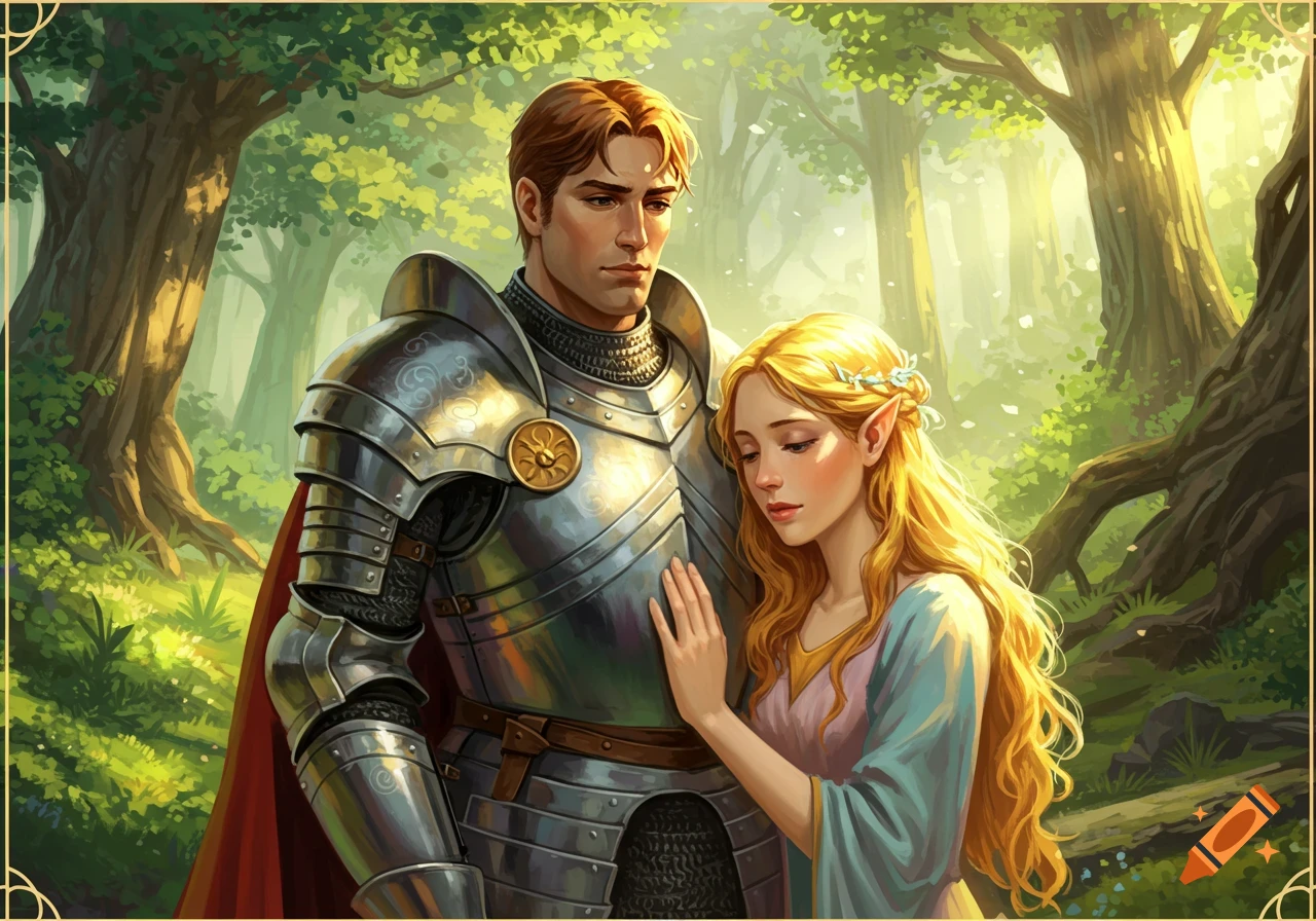 Fantasy illustration of a knight and a maiden in a sunlit forest