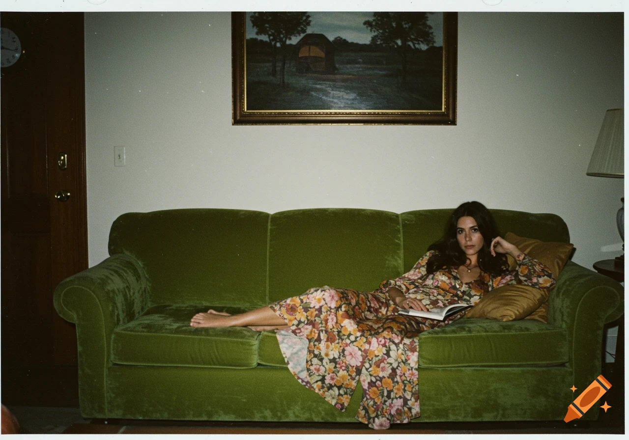 Woman in floral dress lounging on a green couch, reading a book, 1970s Polaroid photo style