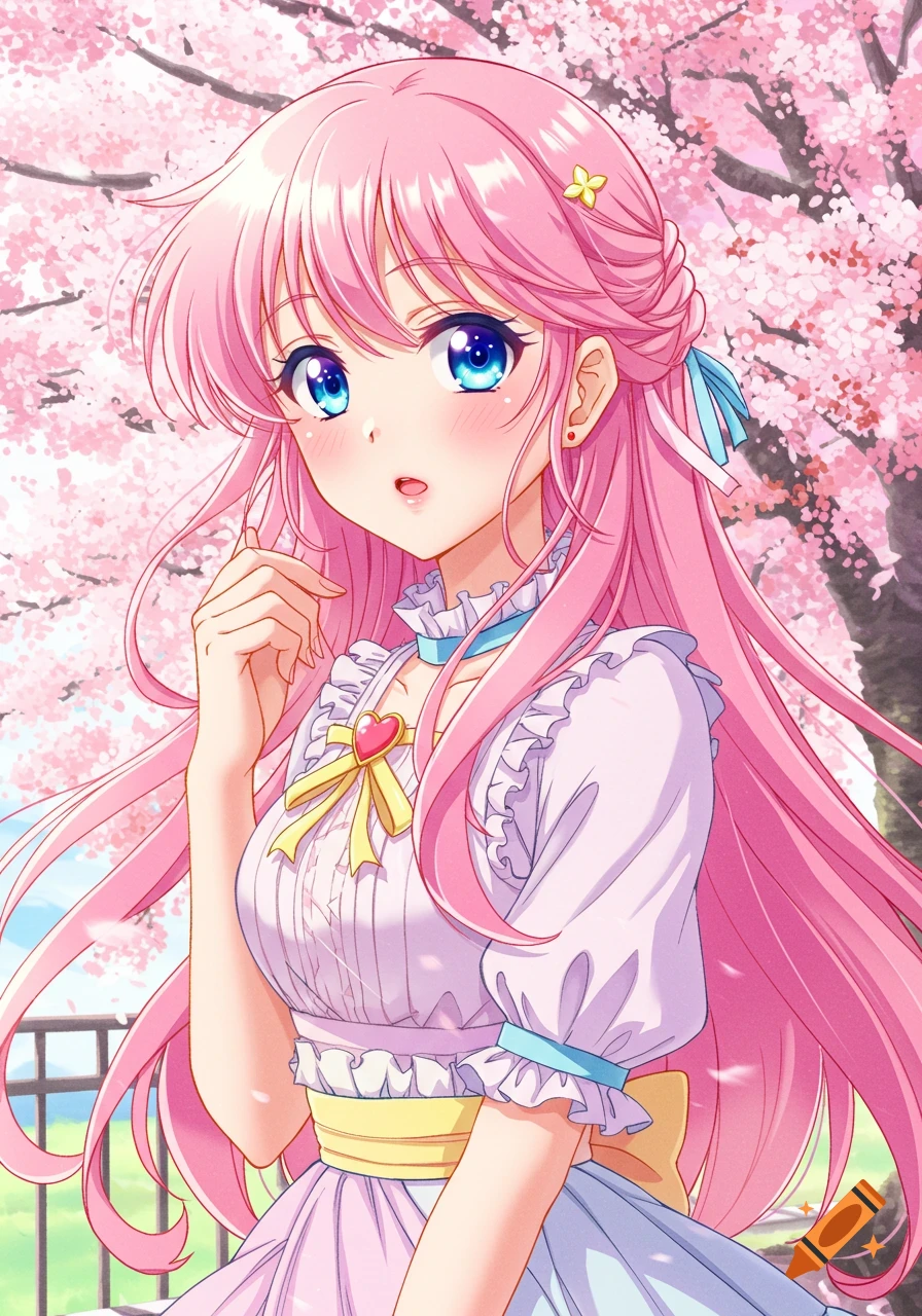 Anime girl with pink hair and blue eyes under cherry blossoms.
