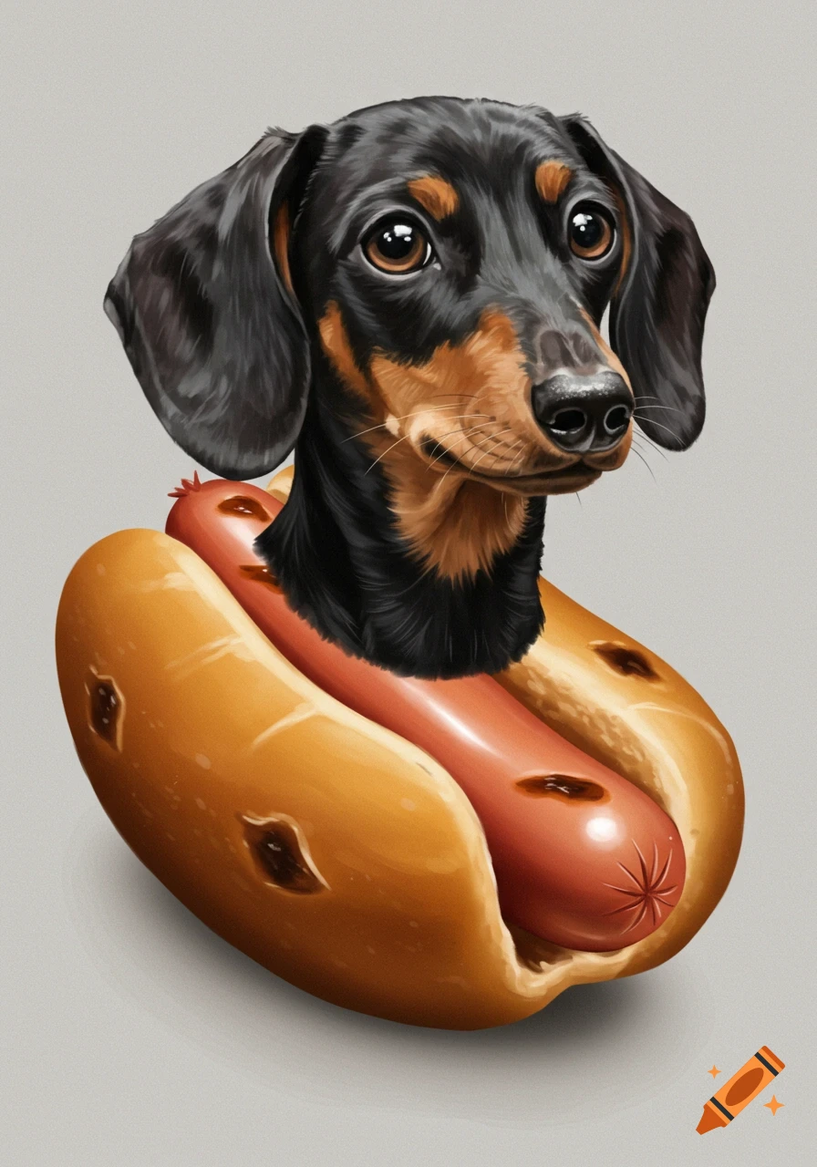 Illustration of a black and tan dachshund with a hotdog body in a bun.