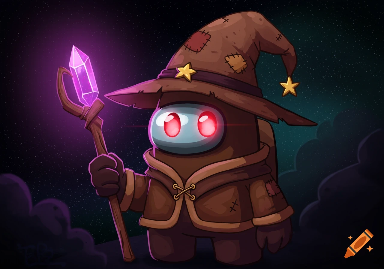 Cartoon Among Us character in wizard hat and robe holding a glowing purple crystal staff.