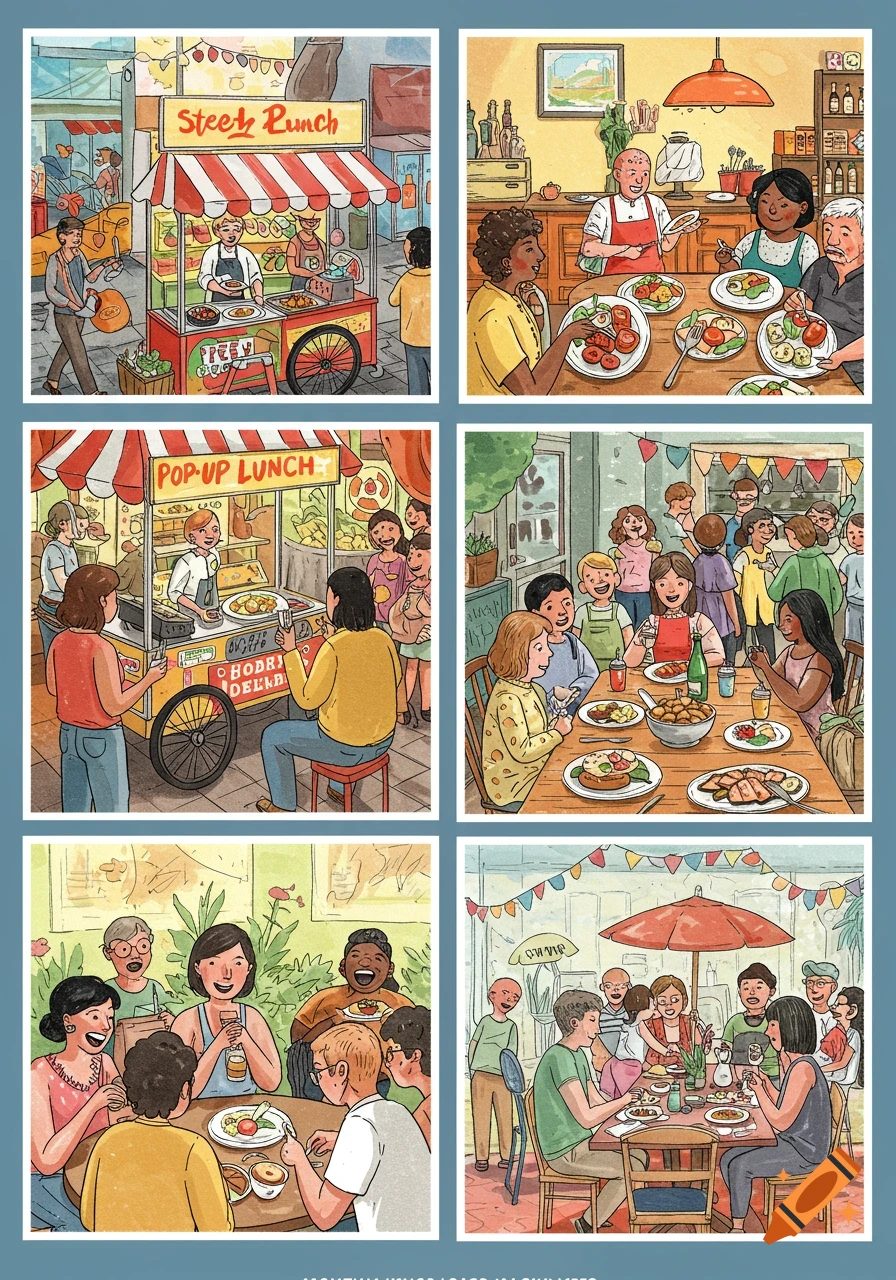 Illustration panels showing people eating at pop-up lunch events and other dining locations.