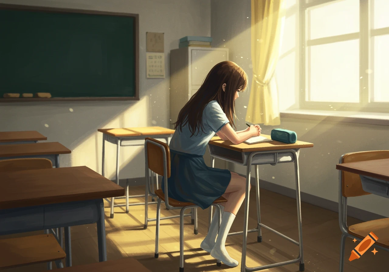 An anime girl studies at a desk in a sunlit classroom.