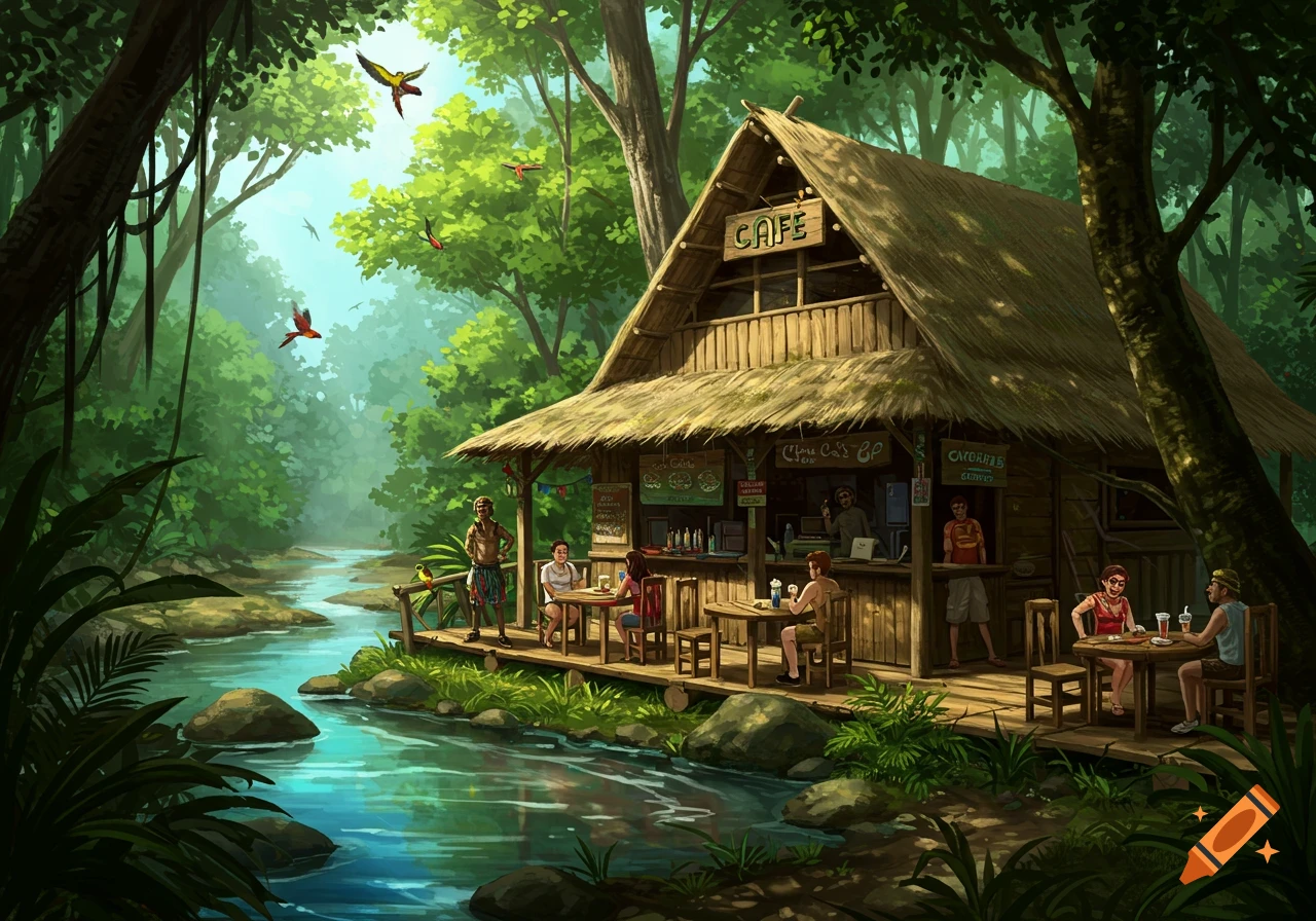 Illustration of a cafe by a river in a lush jungle with people and birds.