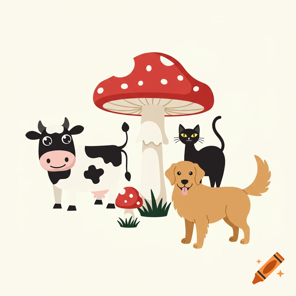Cartoon illustration of a cow, cat, dog, and mushroom.