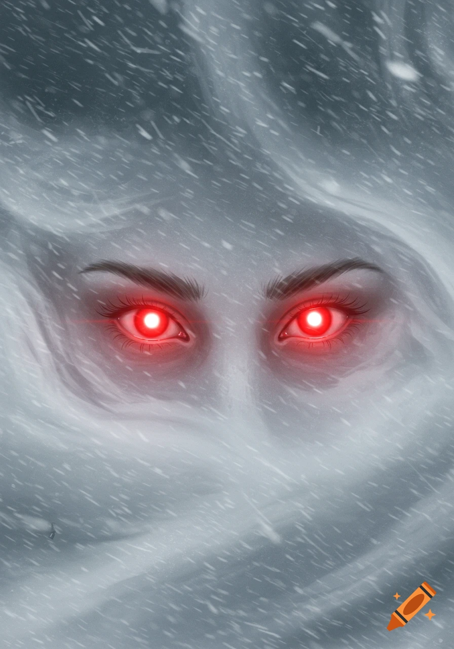 Close up of bright red glowing eyes peering through a snowy blizzard.