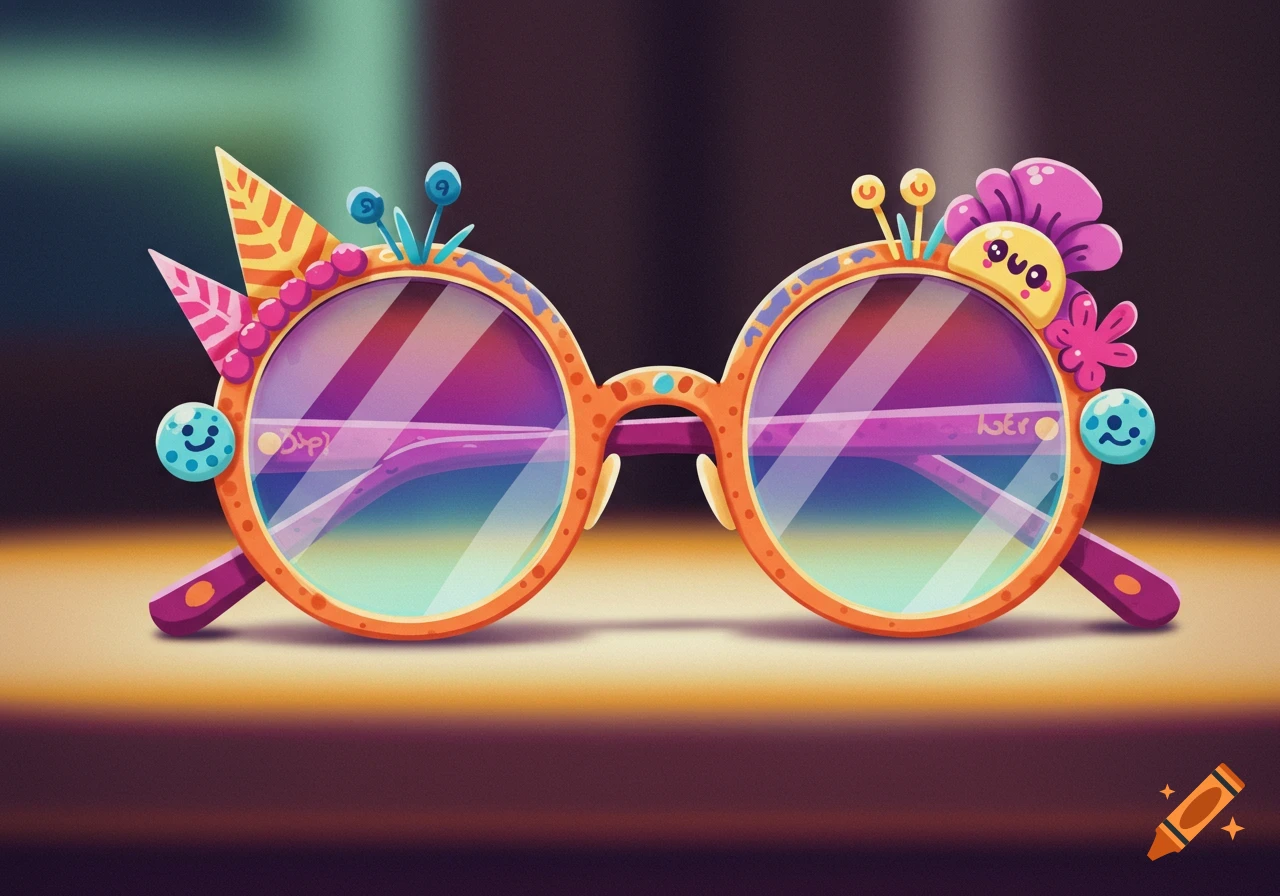 A pair of unique, colourful cartoon glasses decorated with beads, flowers, and smiling faces.