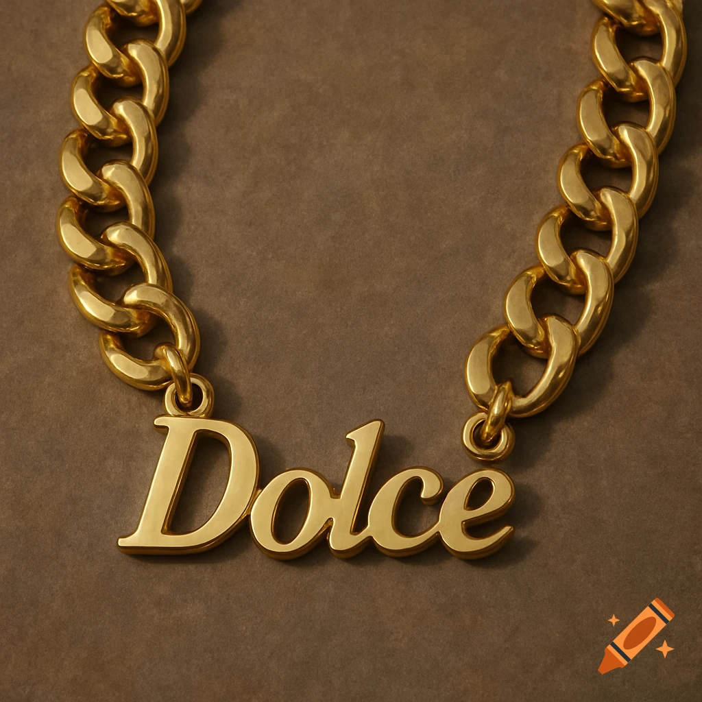 Realistic close-up of a gold chain necklace with the name Dolce