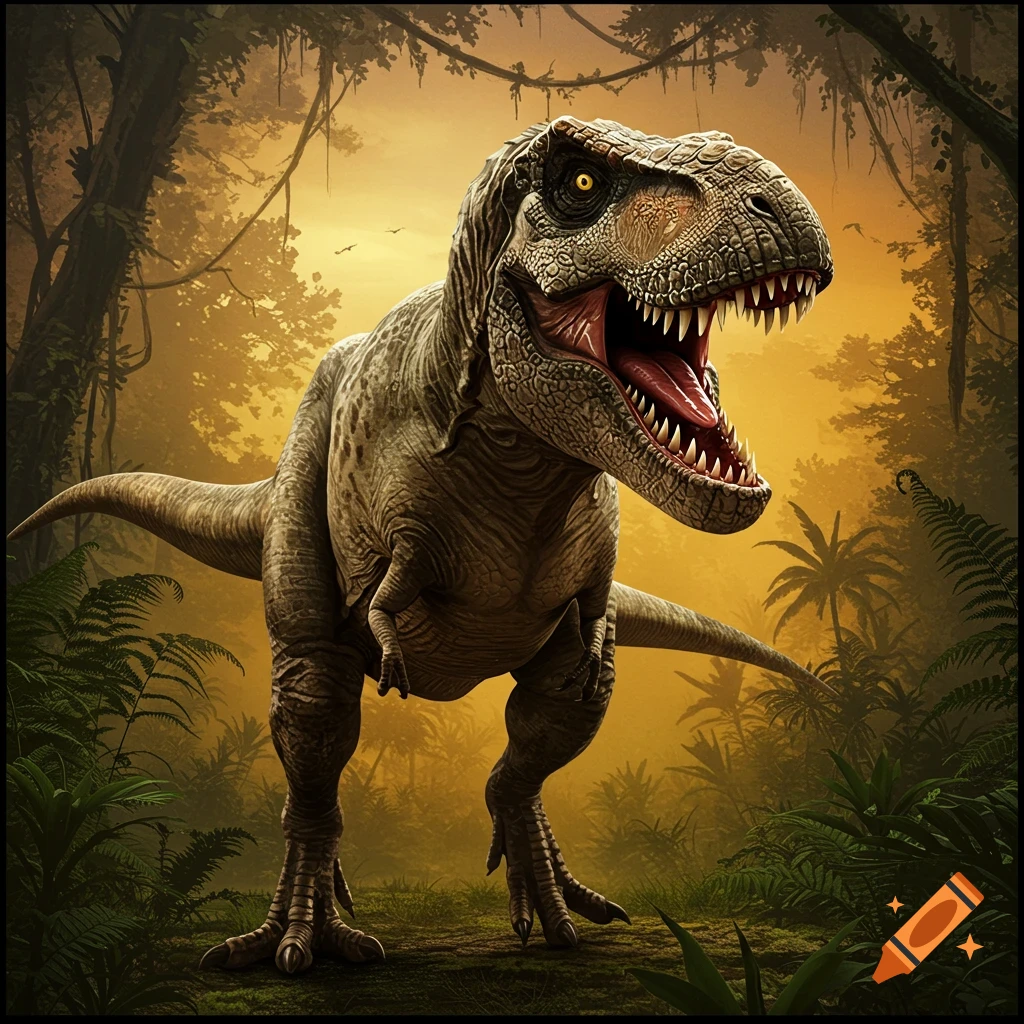 A realistic depiction of a Tyrannosaurus Rex roaring in a lush jungle setting.
