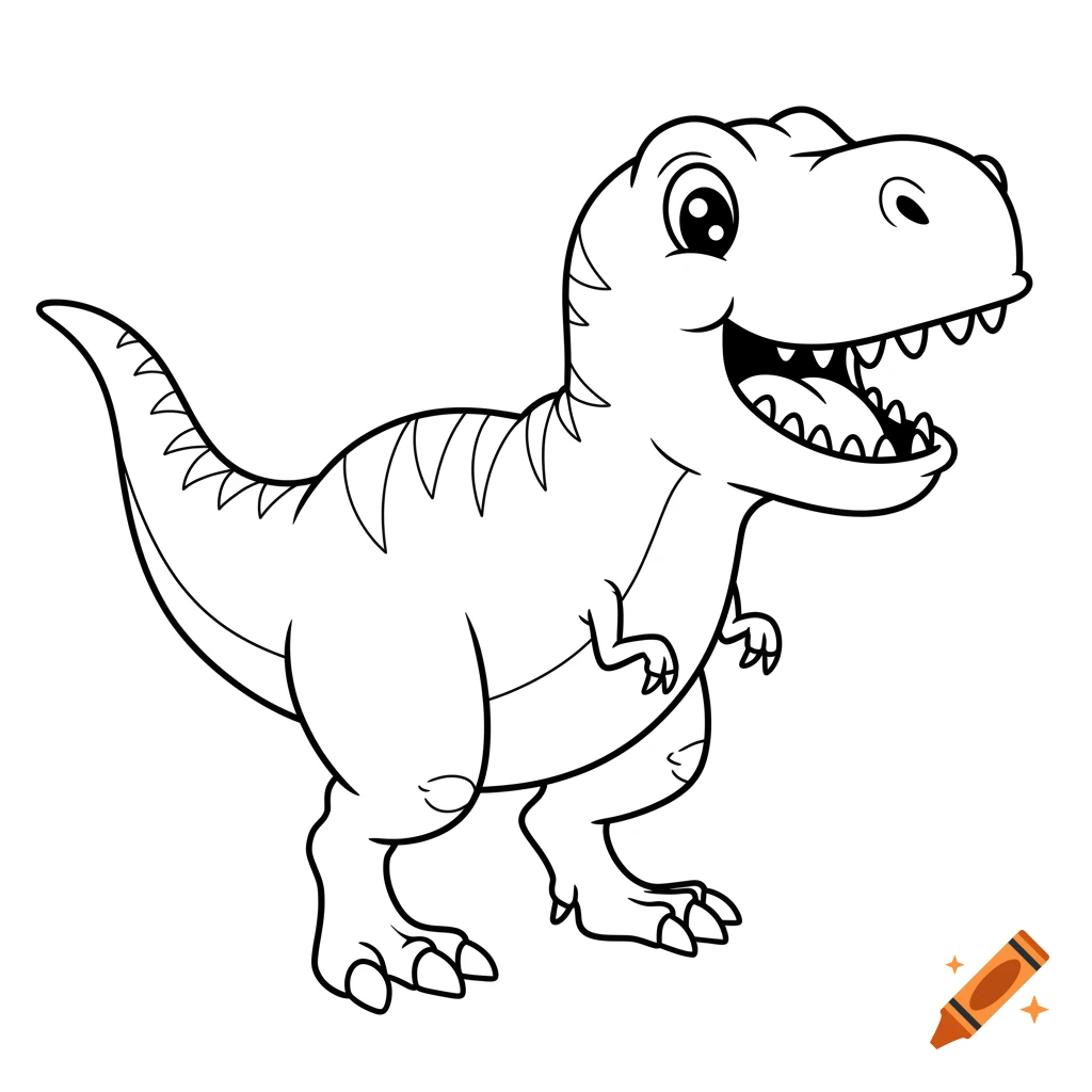 Black and white line drawing of a cartoon T-Rex