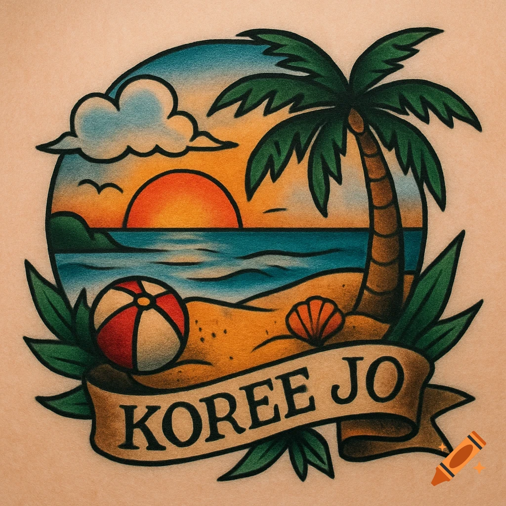 Traditional tattoo design of a beach scene with a palm tree, sunset, beach ball, shell, and a banner with the name Koree Jo.