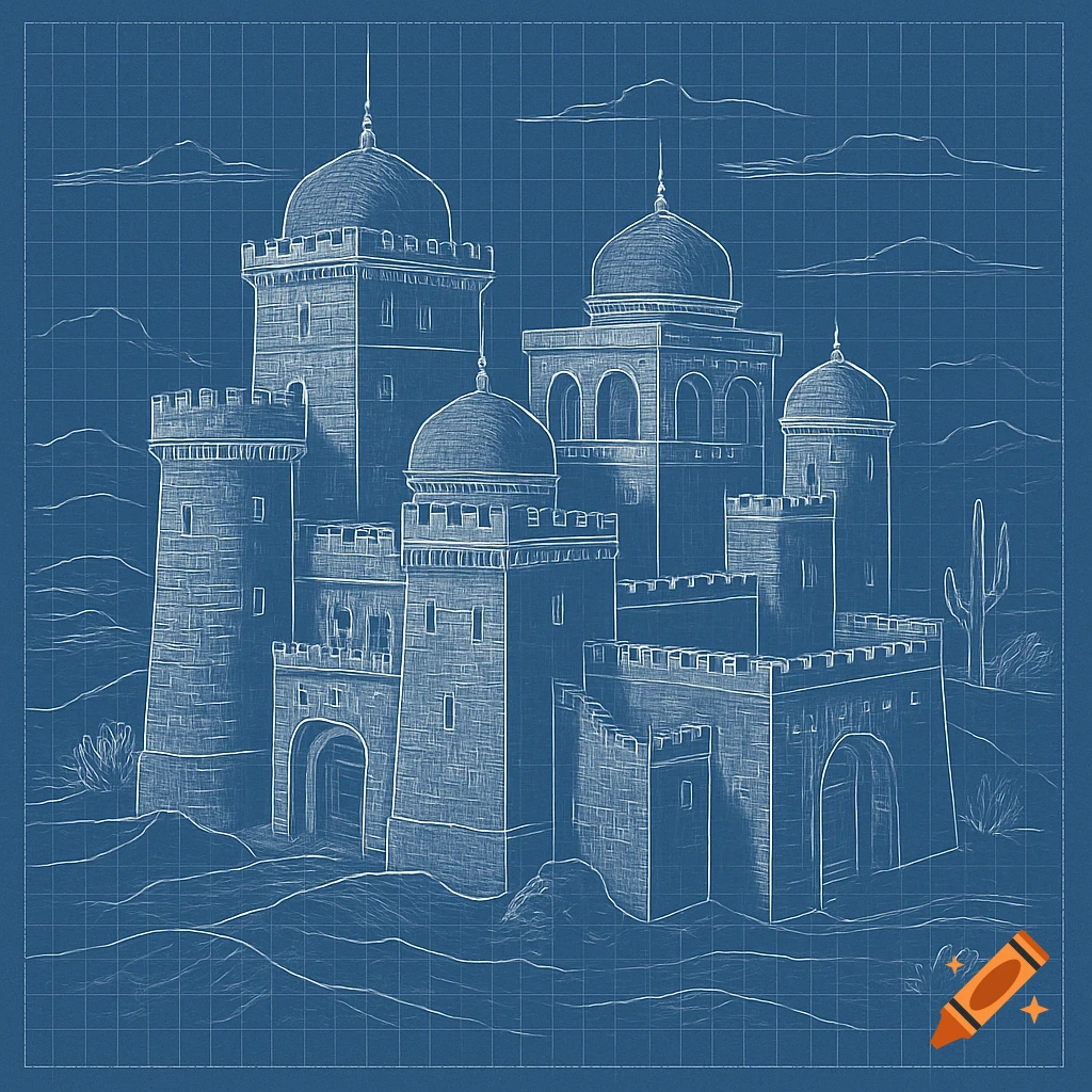 Blueprint drawing of a large castle in a desert landscape