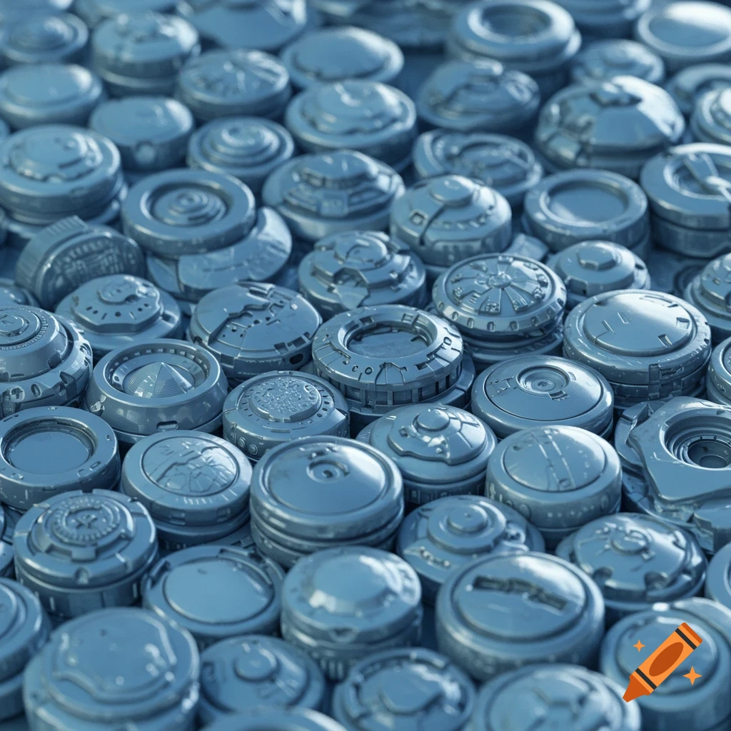 Close-up of many light blue sci-fi buttons or mechanical parts