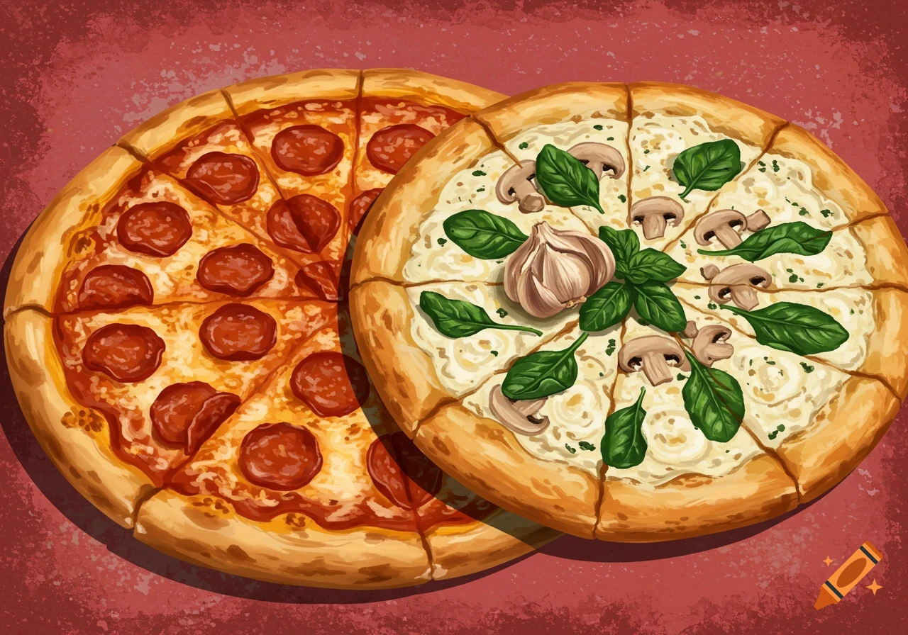 Two pizzas, one pepperoni and one white pizza with mushrooms, spinach, and garlic, on a red background. Illustrated style.