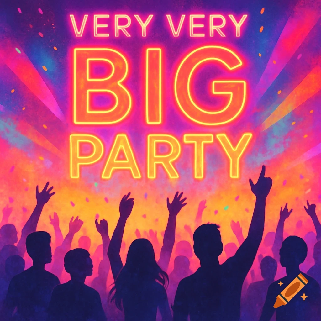 Silhouettes of people at a vibrant party with a neon sign saying 'VERY VERY BIG PARTY'.